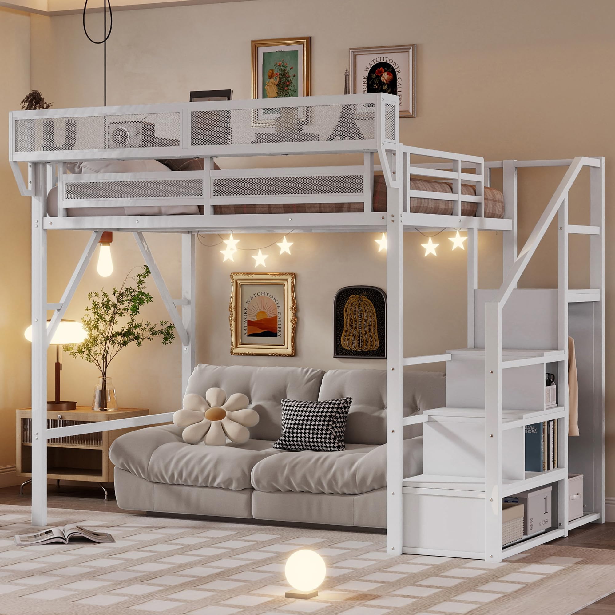 OYUMOENTS Full Size Loft Bed with Stairs, Metal Loft Bed with Storage Shelves & Wardrobe, Bedside Shelf and Large Under-Bed Space, Heavy-Duty Beds
