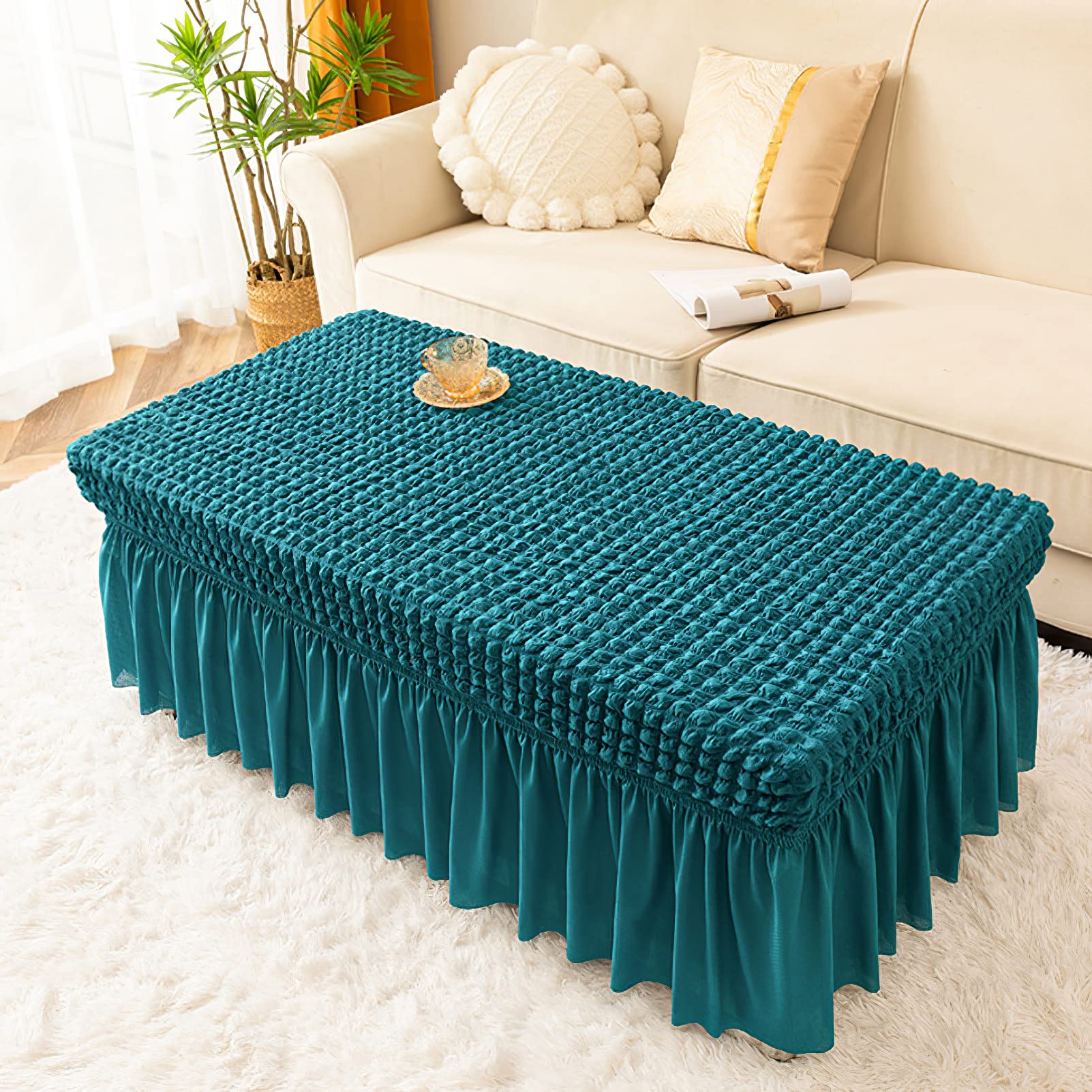 rismart Rectangle Polyester Elastic Coffee Table Cloth Cover Skirt Stain Resistant Tablecloths with Lace Edge Peacock Green,M - Image 4