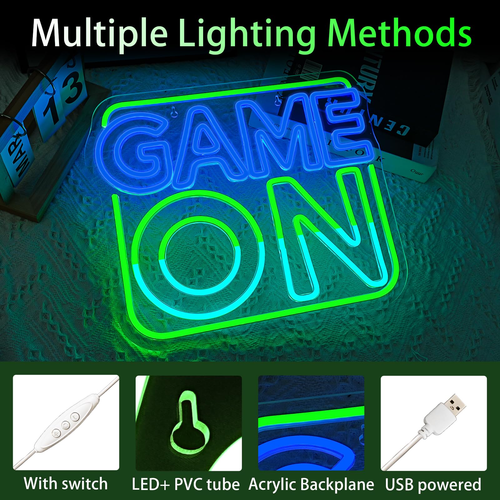 LUCUNSTAR Game On Neon - Targa da gioco Neon Sig per decorazione da parete, con scritta Game On al neon, dimmerabile, per gamer zocker fan dei bambini, zona di gioco, sala giochi