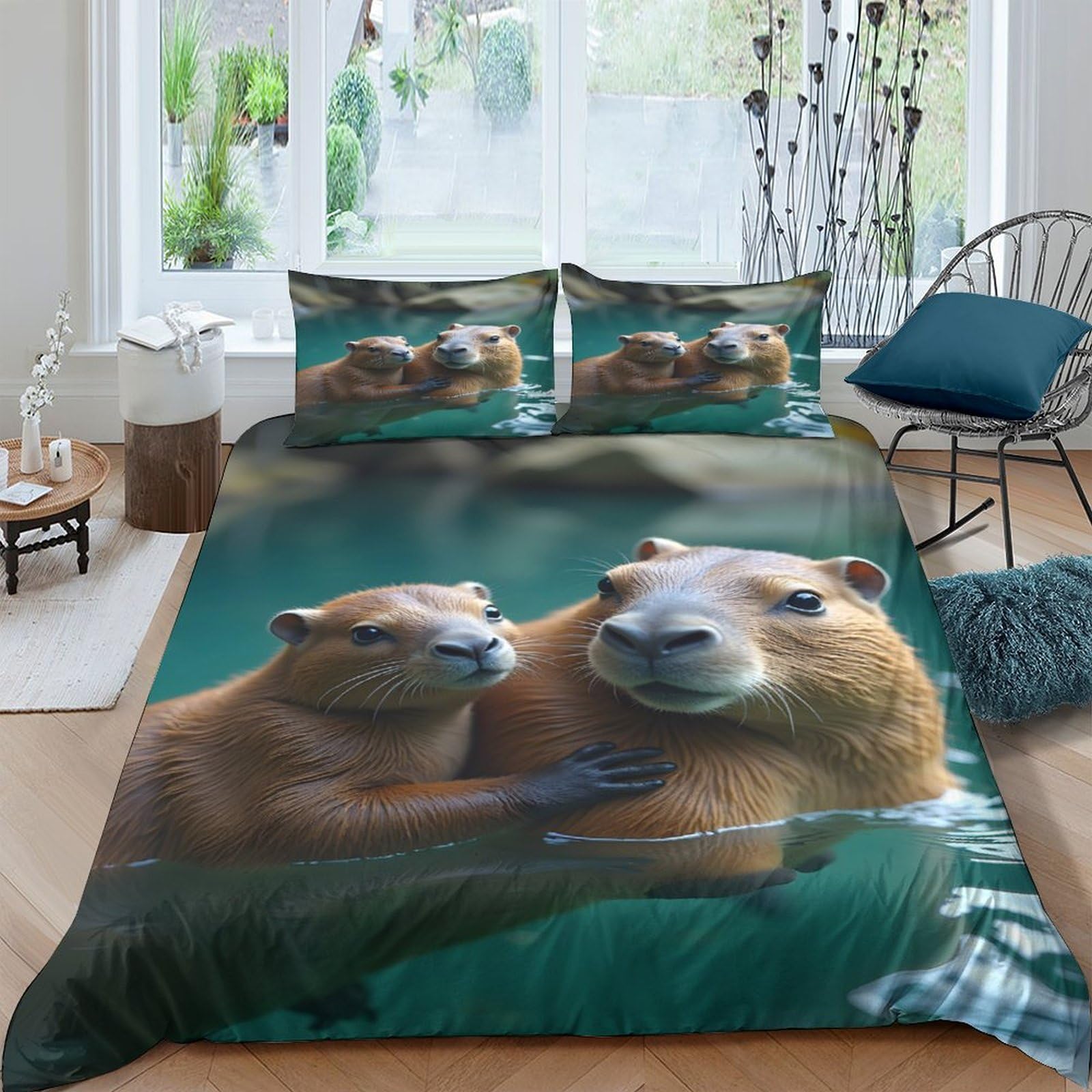 Ctjqhvkz Style-5 3D Printed Capybara Family Fitted Sheet Microfiber Soft Green Animal Bed Cover For Bedroom Guest Room Decor Single（135X200cm）