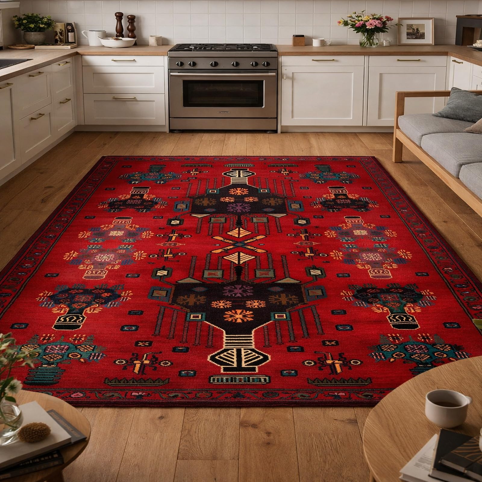 Tapis géométrique traditionnel rouge au design abstrait et finitions soignées 170x200