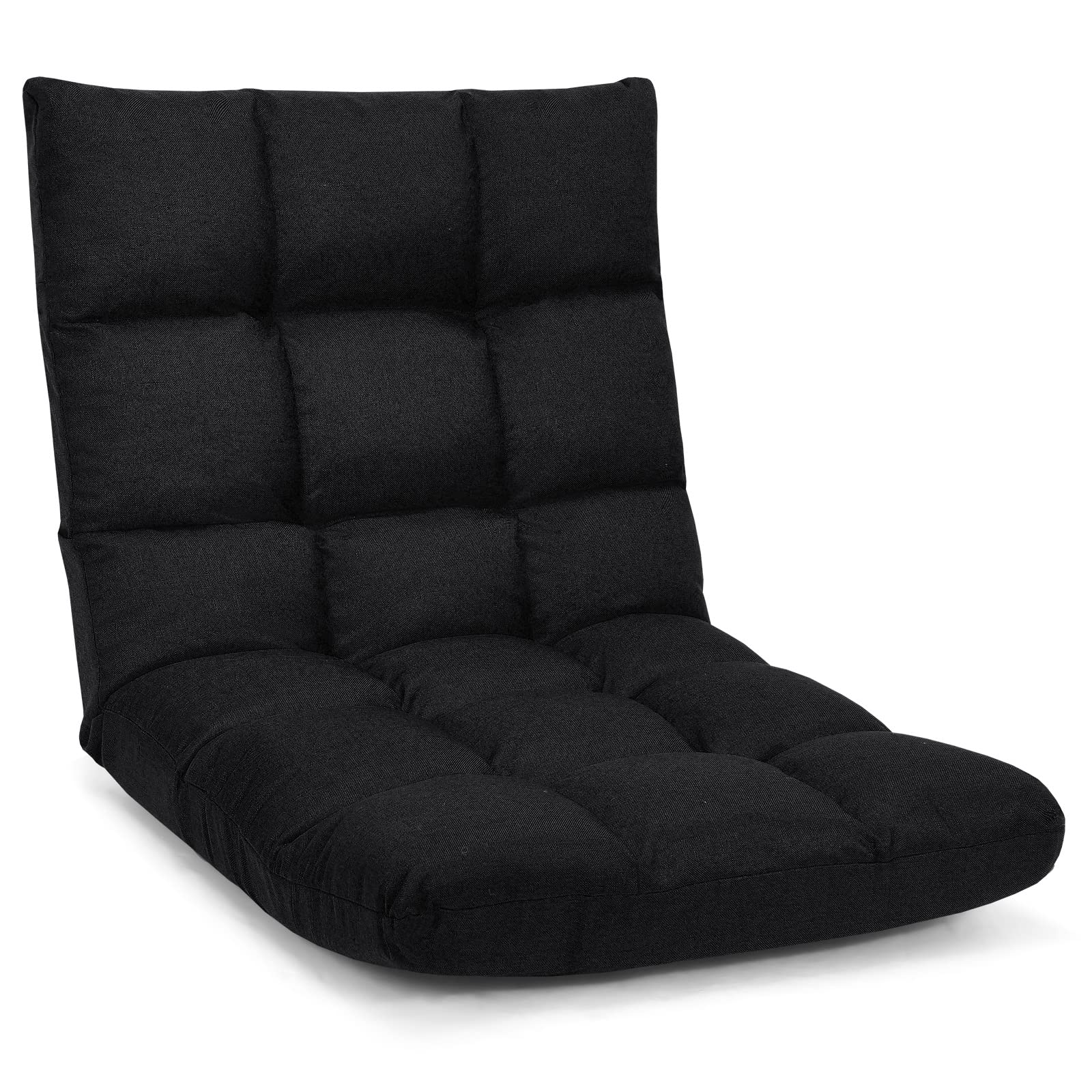 Giantex Adjustable Floor Gaming Sofa Chair 14-Position Cushioned Folding Lazy Recliner High Resilience Sponge, Breathable Cotton & Linen Fabric Sleeper Bed Couch Recliner with Removable Cover (Black)OEKO-TEX STANDARD 100
