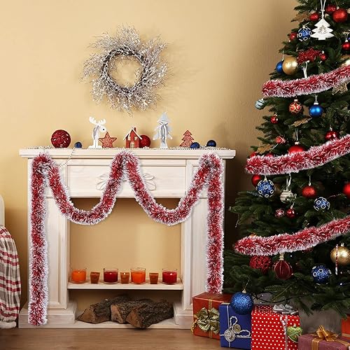 Miniatura 5 de Waydress 4 piezas guirnalda de oropel rojo para decoración de árbol de Navidad, serpentina guirnalda metálica blanca de nieve para árbol de Navidad,