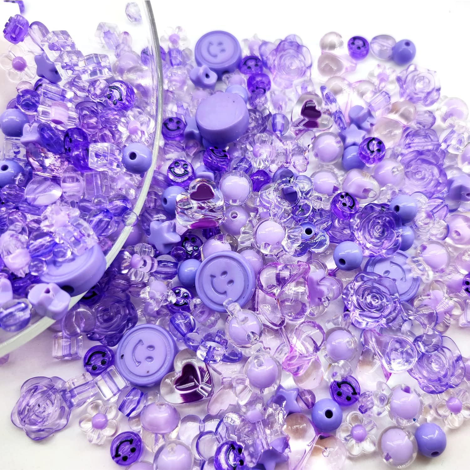 450Pcs Purple Series Acrylic Assorted Beads Flower Heart Star Smile Butterfly Mickey Candy Pastel Beads Plastic Cute Round Bead Bulk for Bracelets Jewelry Making Necklaces DIY Crafts
