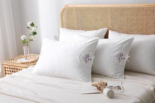Miniatura 2 de Fundas de almohada bordadas blancas, fundas de almohada de flores de lavanda con encaje, 100% algodón, paquete de 2 unidades, tamaño King (36 x 20