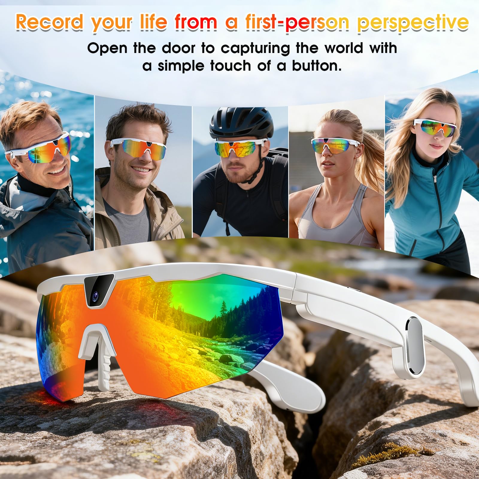 2026 Smart Glasses mit Kamera, 8MP Kamera Sportbrille für Foto & Video | KI Brille mit Offene Lautsprecher, Blendschutzgläser, Smart Brille für Outdoor-Sportarten wie Radfahren, Reisen (Weiß)