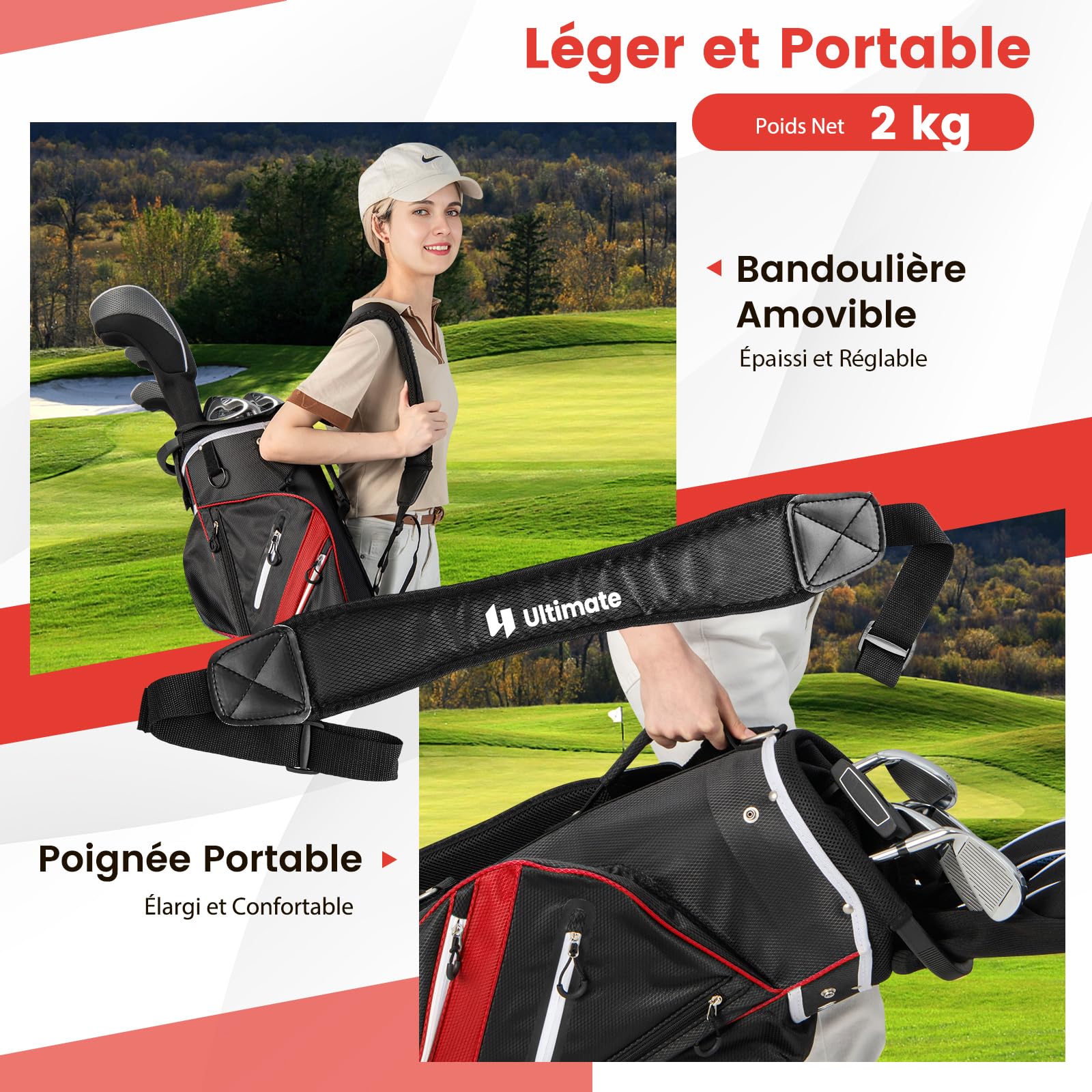 COSTWAY Sac de Golf avec 14 Compartiments, Sac de Club de Golf Portable avec 9 Poches Zippées Glacière Compartiment à Chaussures Porte-Parapluie et Housse de Pluie