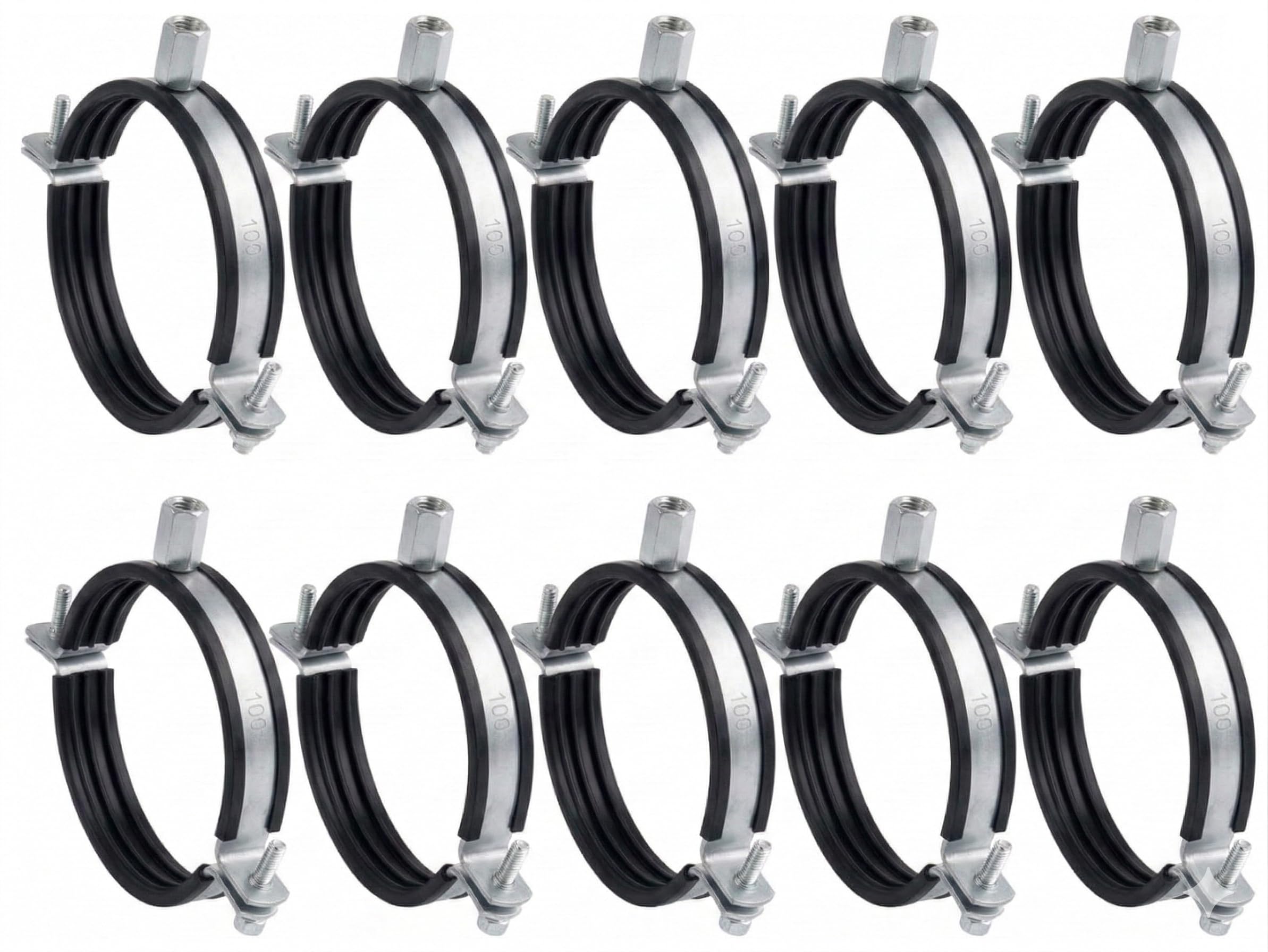 10pcs, Duct Clamp 100mm / 4 inch Bracket with Rubber Gasket, M8/M10 Thread, Steel Pipe Hanger 4 inch for Spiral Duct, Ventilation Pipe, Downpipe, Pipe Holder Wall or Ceiling Mount, by Steinberg14 — image 1