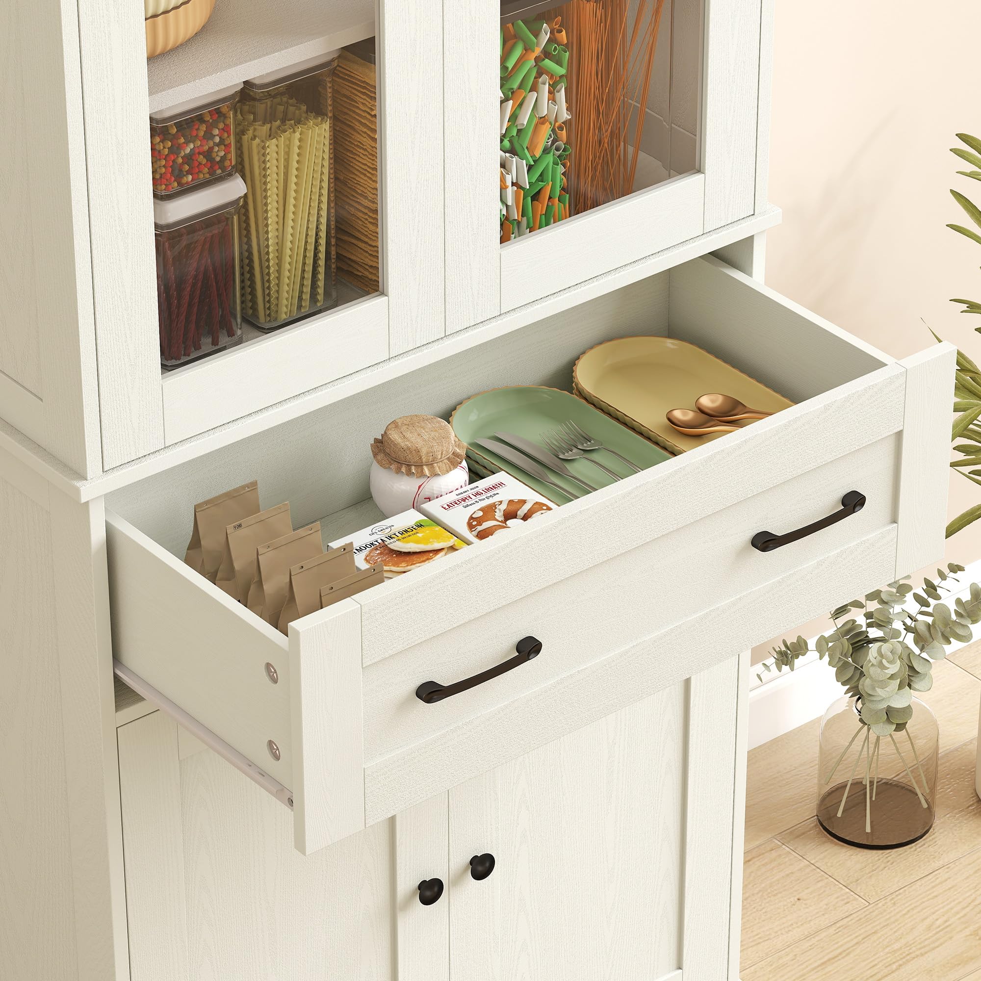 HOMCOM Alacena de Cocina, Mueble Auxiliar de Cocina con 2 Puertas de Acrílico, Cajón Grande, Estantes Ajustables, para Comedor, 76x40x182,5 cm, Crema
