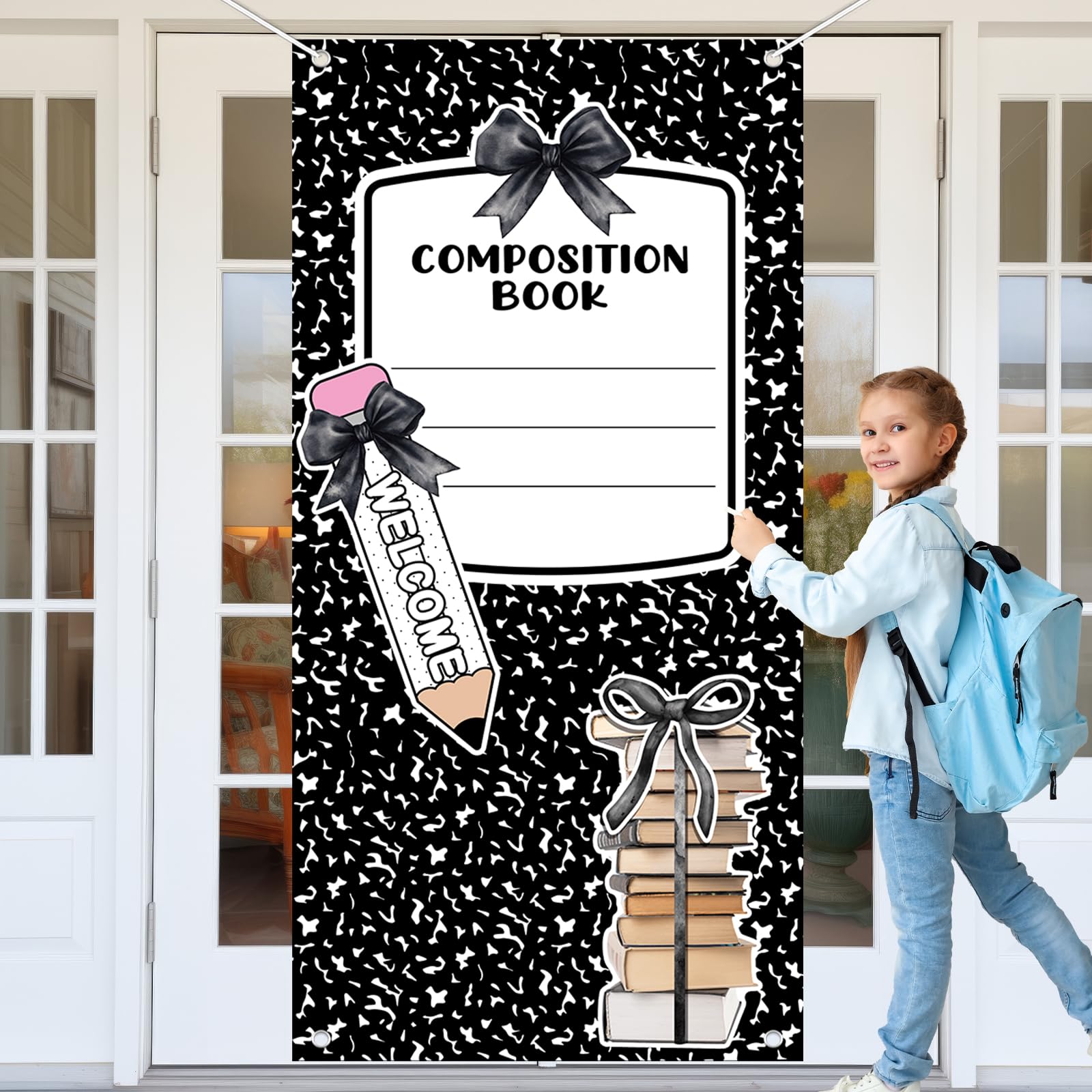 Cuaderno de composición, decoración de aula, telón de fondo de lazo para el primer día de escuela, accesorios para cabina de fotos, cuaderno de composición, pancarta colgante para aula, oficina