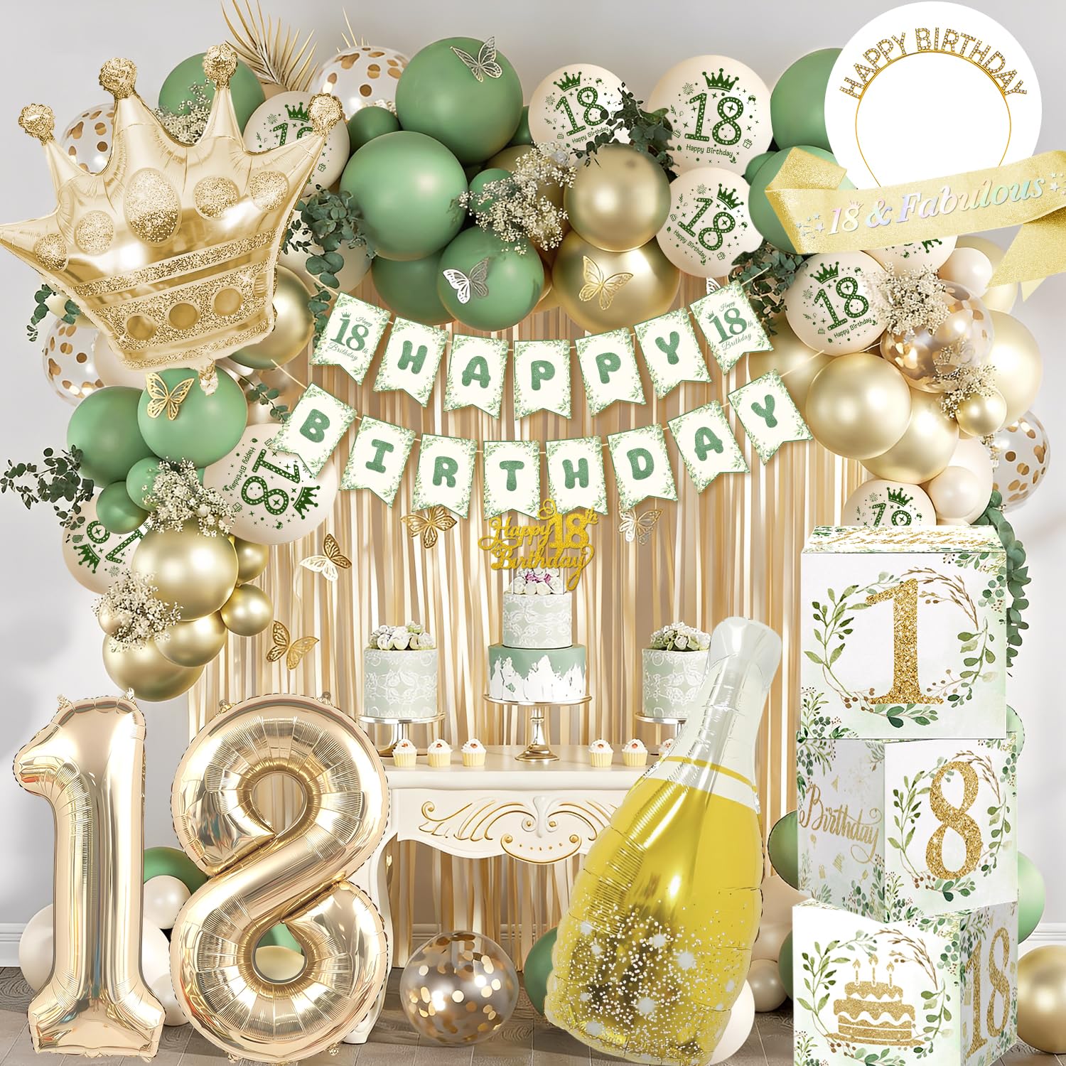18th Birthday Decorations for Girls, Green Gold Party Supplies with Happy 18th Birthday Banner, Sash, Foil Curtains,Party Boxes, 18 Balloon, 18 Year Old Girls Party Supplies Decorations
