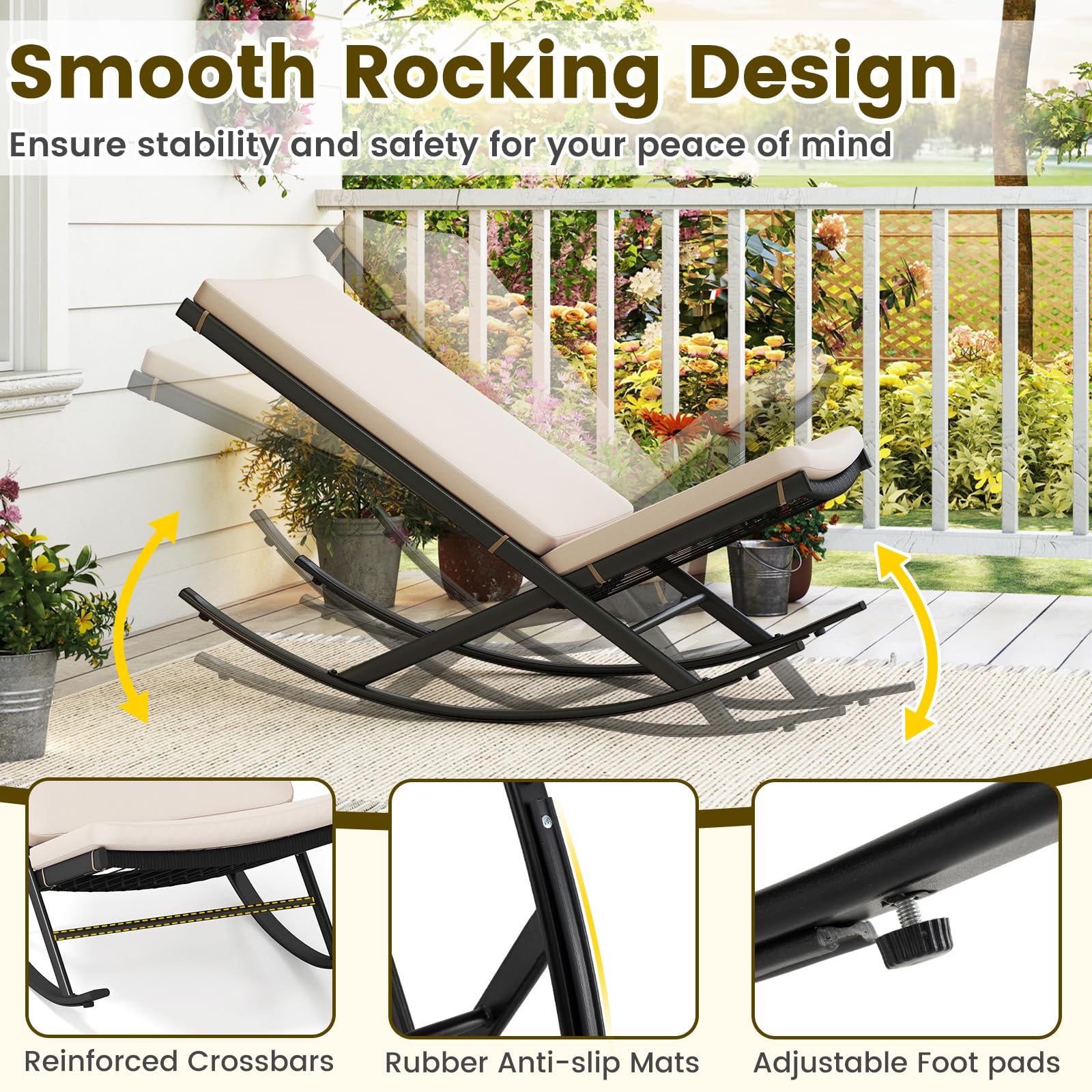 GIANTEX Set di Bistro 3 Pezzi, Sedie a Dondolo da Esterno in Rattan con Tavolino da Caffè, Set di Mobili da Conversazione per Veranda con Cuscini in Cotone per Giardino, Balcone, Bordo Piscina