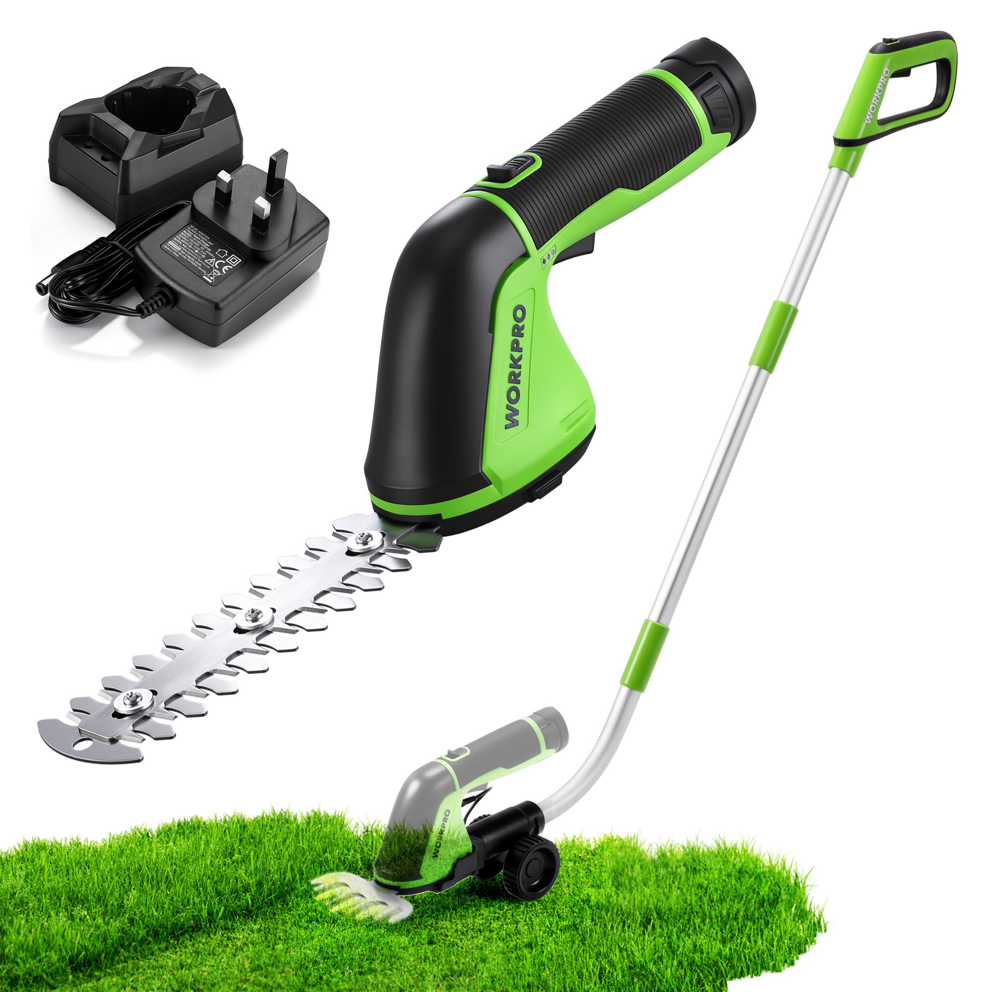 WORKPRO 12V Cordless Hedge Trimmer & Grass Shear, 2-in-1 Small Shrub Trimmer with Wheeled Extension Pole and Removable 2Ah Battery for Shrubing, Trimming and Pruning