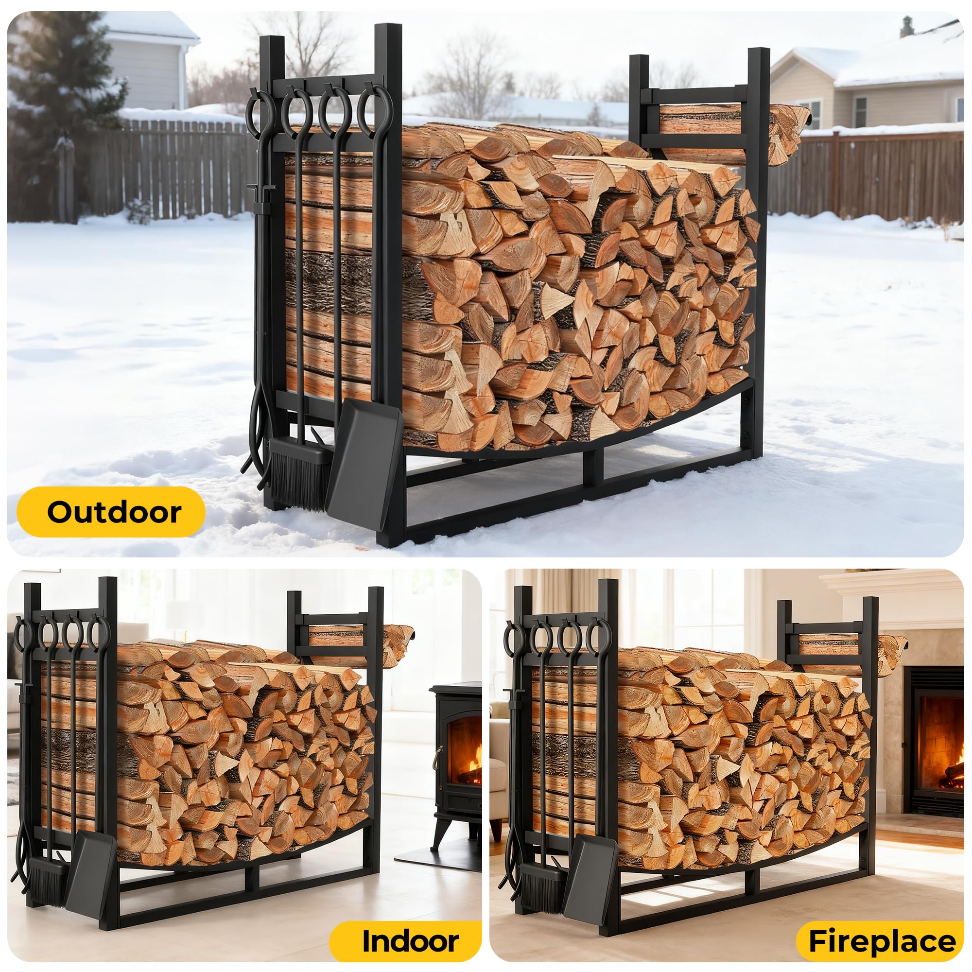 Amagabeli 90cmx78cm Großes breites Brennholzregal Kaminwerkzeugregal Indoor Outdoor Anzündholzhalter Heavy Duty Holzlager Log Rack Ständer Werkzeuge Herdzubehör Schwarz Ohne Abdeckung