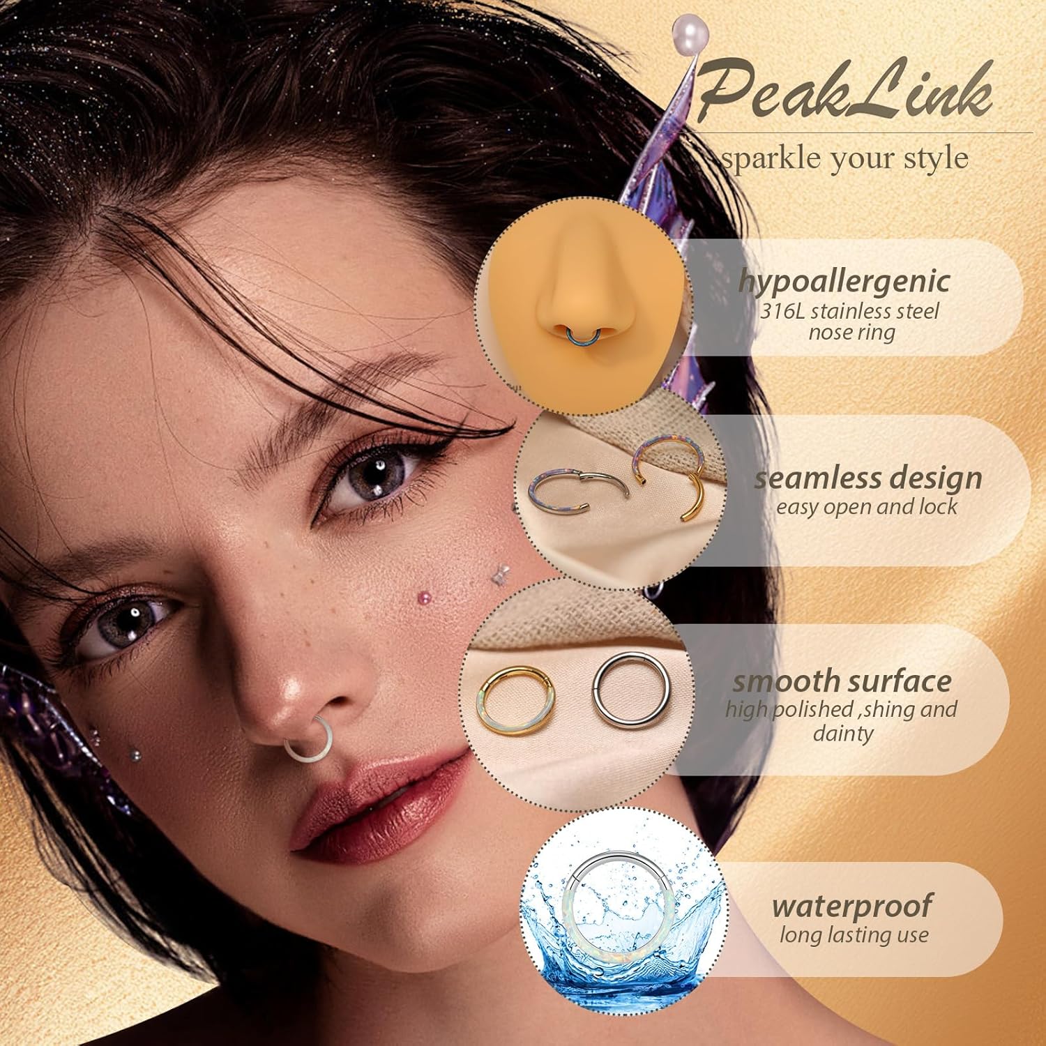 PEAKLINK 16G 18G 316L Stainless Steel CZ/OPAL Septum Piercing Septum Clicker Ring Hinged Nose Ring Daith Earrings Conch Piercing Jewelry Helix Cartilage Tragus Lobe Belly Hoop Earring - Image 5