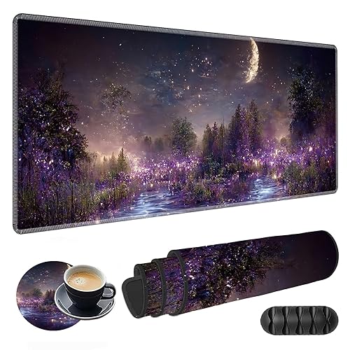 Large Gaming Mouse Pad Plus a Coasters + Cable Clips, Lavender Manor Moonlit Night Extended Mousepad (31.5 x 11.8) with Stitched Edge, Foldable Computer Keyboard Desktop Mouse Mat for Home Office - Lavender Manor Moonlit Night