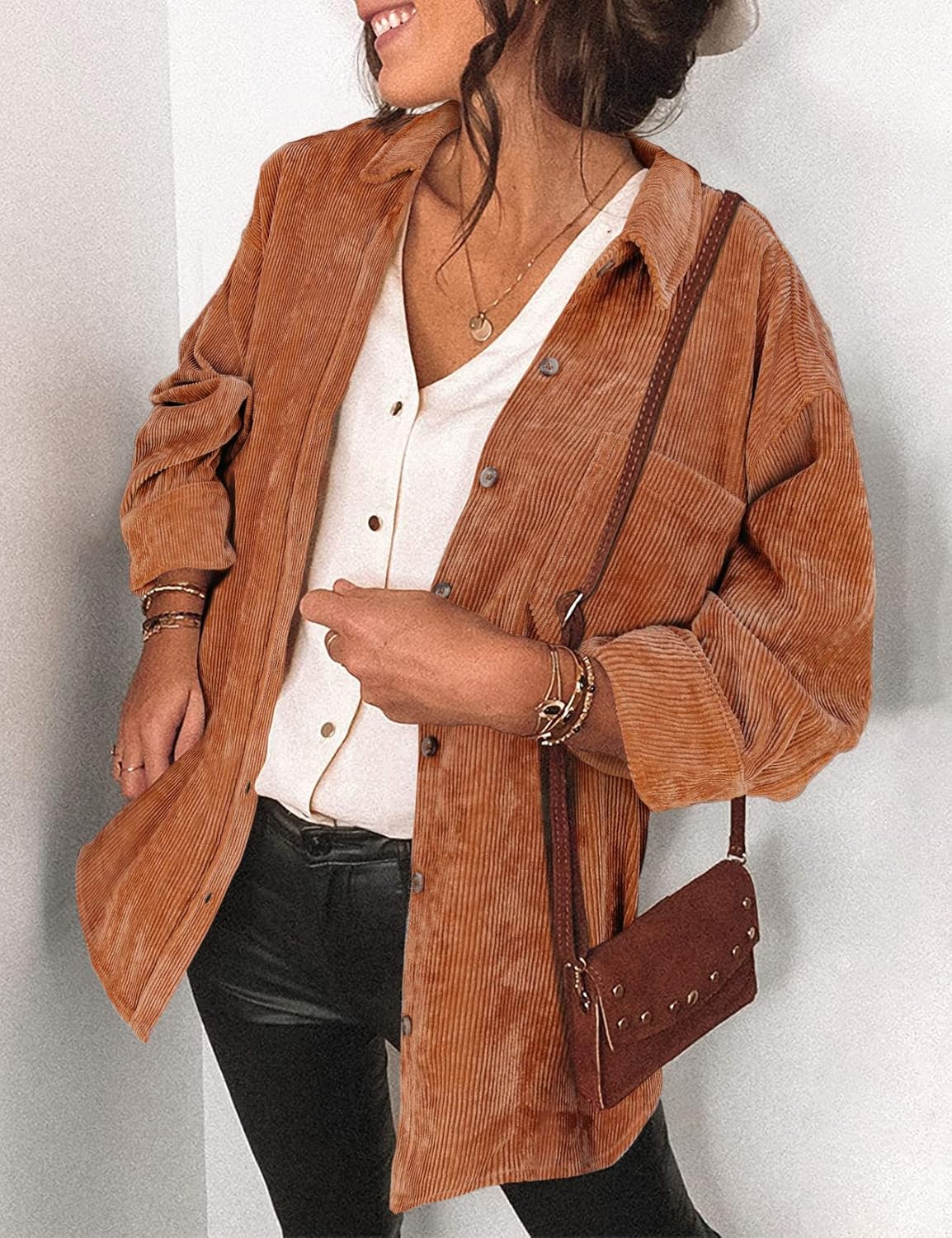 Saslax Womens Corduroy Shirt Long Sleeve Oversized Button Up V Neck Blouses Tops Loose Shacket Jacket - Image 2