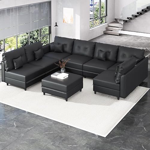 LLappuil Faux Leather Modular Sectional Sofa with Storage, Wide Deep 8-Seater U Shaped Couch for Living Room, Office, Apartment, Rearranged, Waterproof, Black