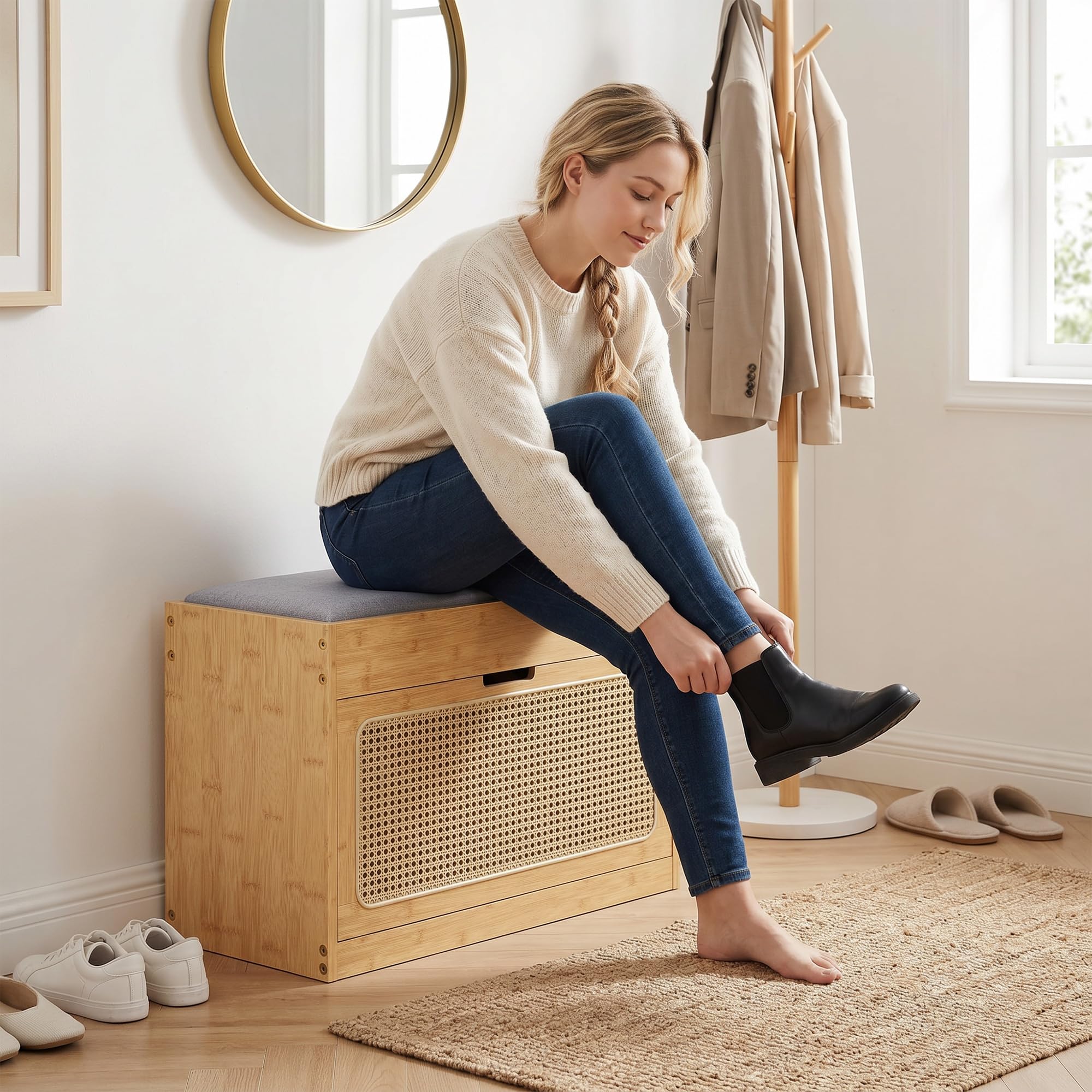 HOMCOM Banco Zapatero con Asiento Acolchado 63x29x48 cm Natural y Gris | Banco Recibidor, Cajón Abatible, Puerta de Ratán, Estante Ajustable, para Entrada, Pasillo, Salón