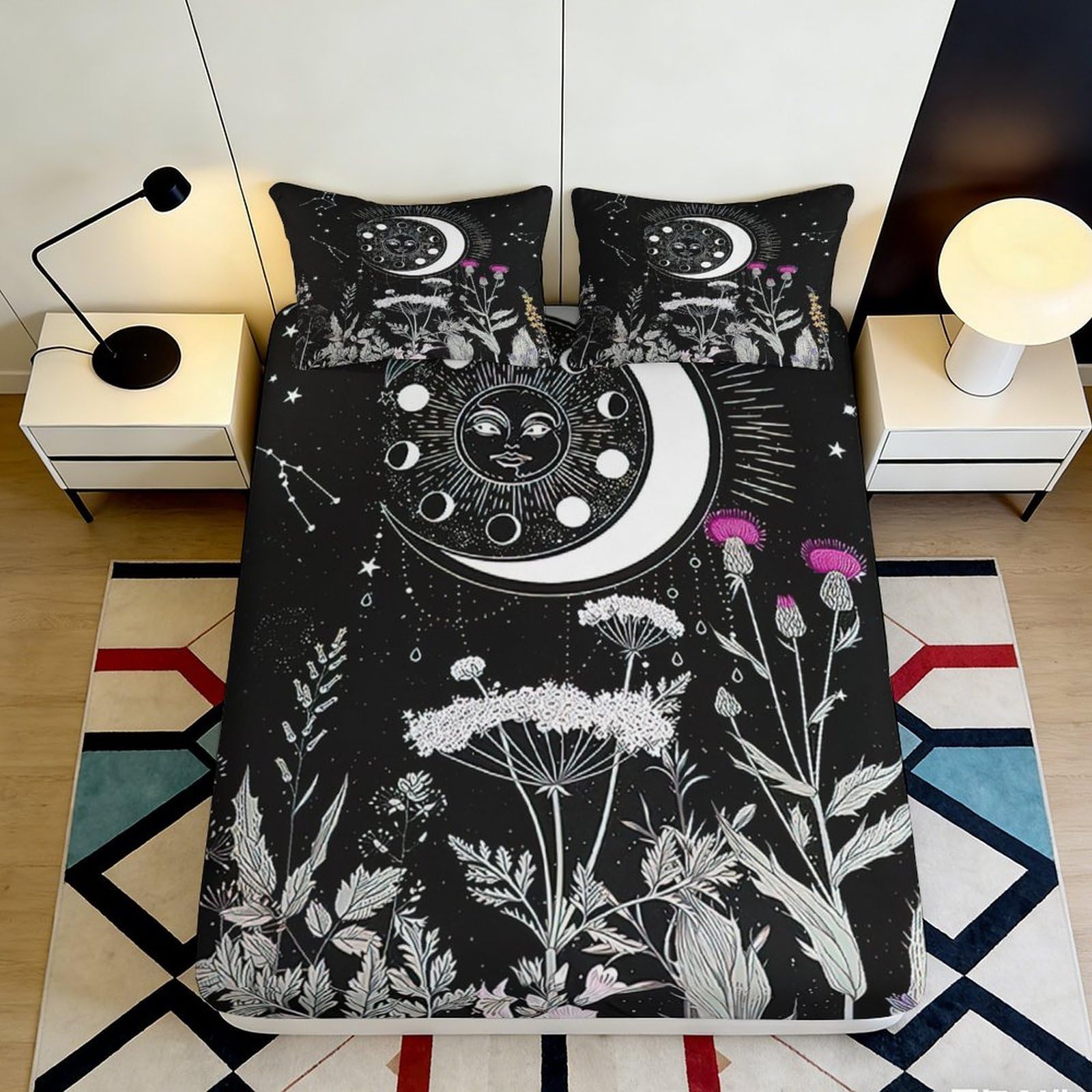 3D Printed Moon Phases Fitted Sheet Microfiber Black Botanical Mattress Cover Bedroom Decor Anti-Slip Machine Washable 90x200x25cm