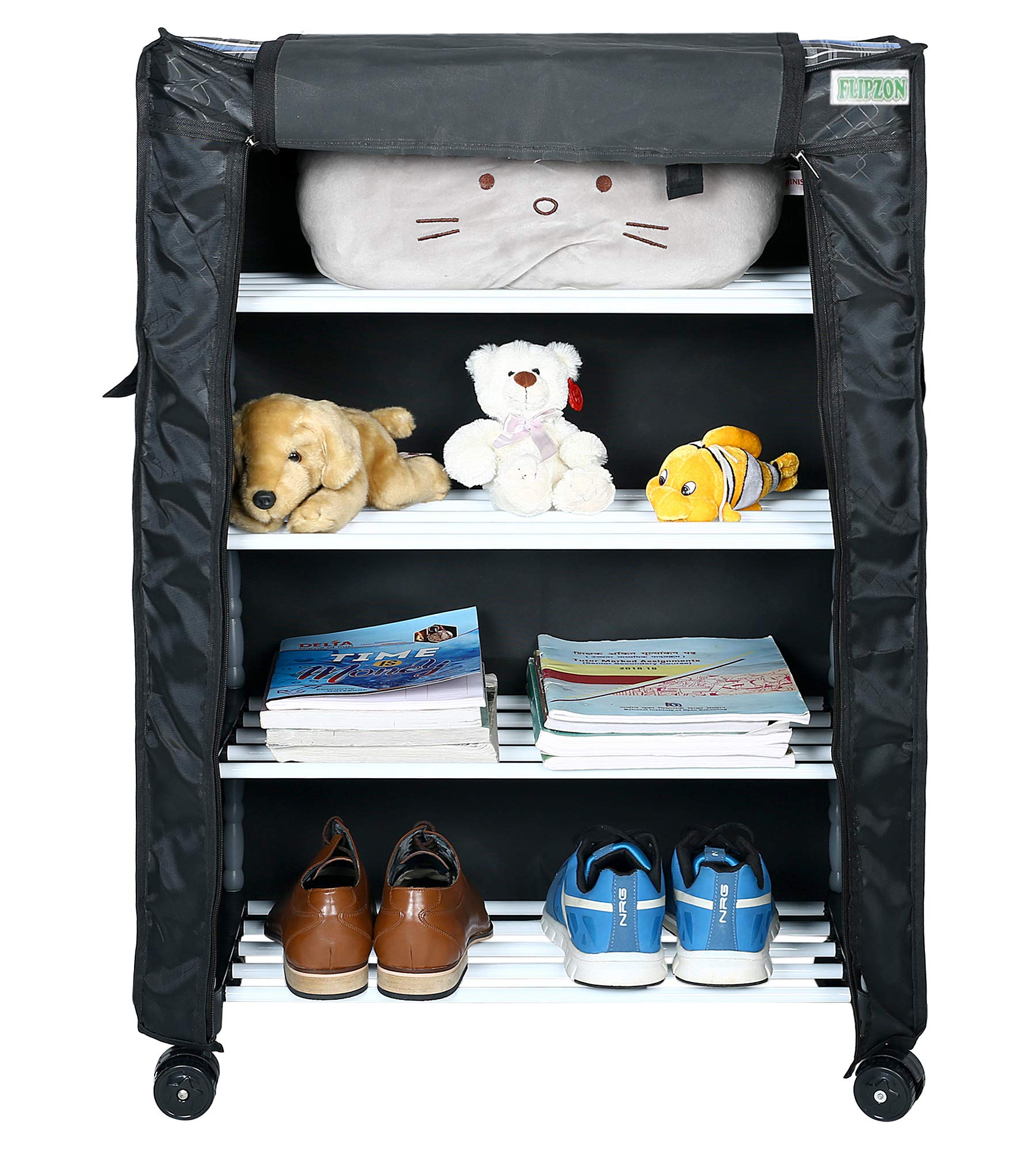 FLIPZON Multipurpose 4 Shelves/Layer Shoe Rack Organizer With Wheels&Dustproof Cover|Portable Smart Storage Rack Organizer With Zip Cover Easy To Move (Metal & Plastic,Multicolour),60 X 30 X85 cm-picture-13
