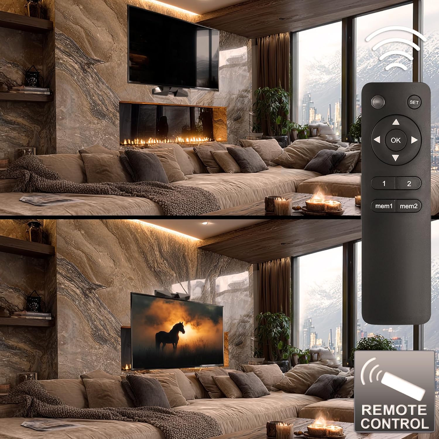 Living room with TV above fireplace, showing remote control and TV in lowered position