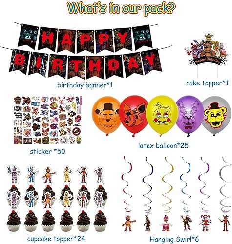 Miniatura 2 de Juego de 108 piezas de suministros de fiesta de Five Nights, incluye pancarta de feliz cumpleaños, decoración de pastel, fondo, remolinos colgantes,