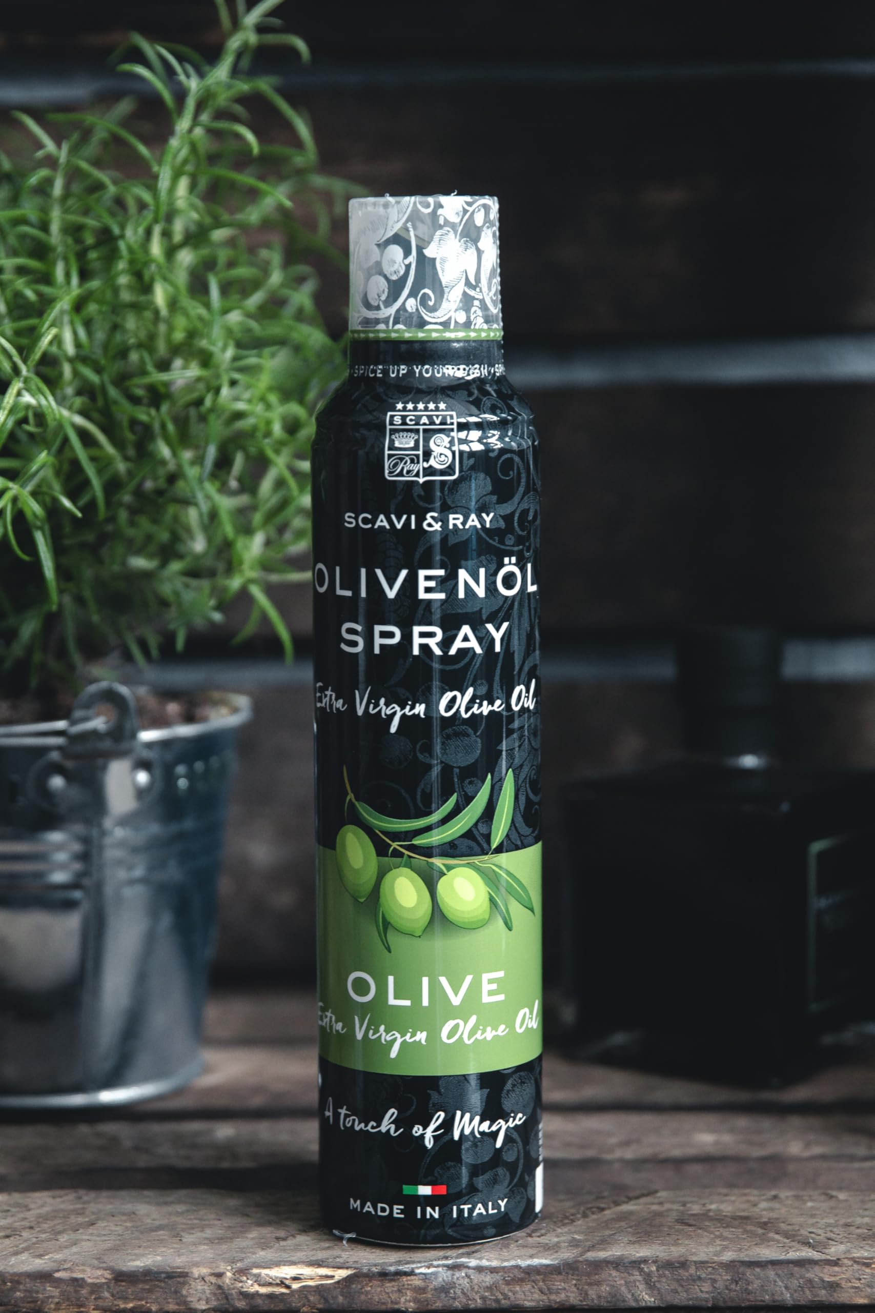 SCAVI & RAY Olivenöl-Spray Olive 6 x 200 ml - Aromatisches Oliven-Würzöl aus Italien, Koch-Spray mit 3 Dosierstufen für Salate, Fisch & Antipasti, aromatisches Gourmet-Öl