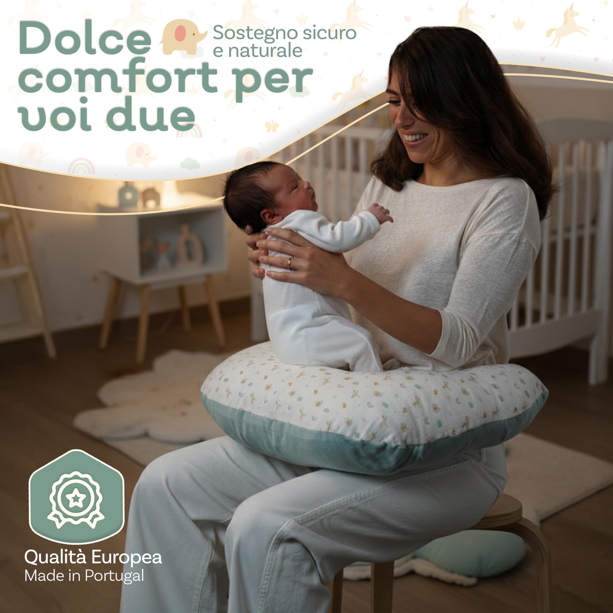 Cuscino Allattamento Neonato in Mussola Morbida 100% Cotone, Sfoderabile e Lavabile, Forma U per Gravidanza, Biberon e Supporto Baby