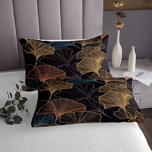 Miniatura 4 de Erosebridal Colcha de hojas de ginkgo azul y marrón con hojas de ginkgo biloba acolchada para niños y niños, juego de colcha botánica Queen estilo