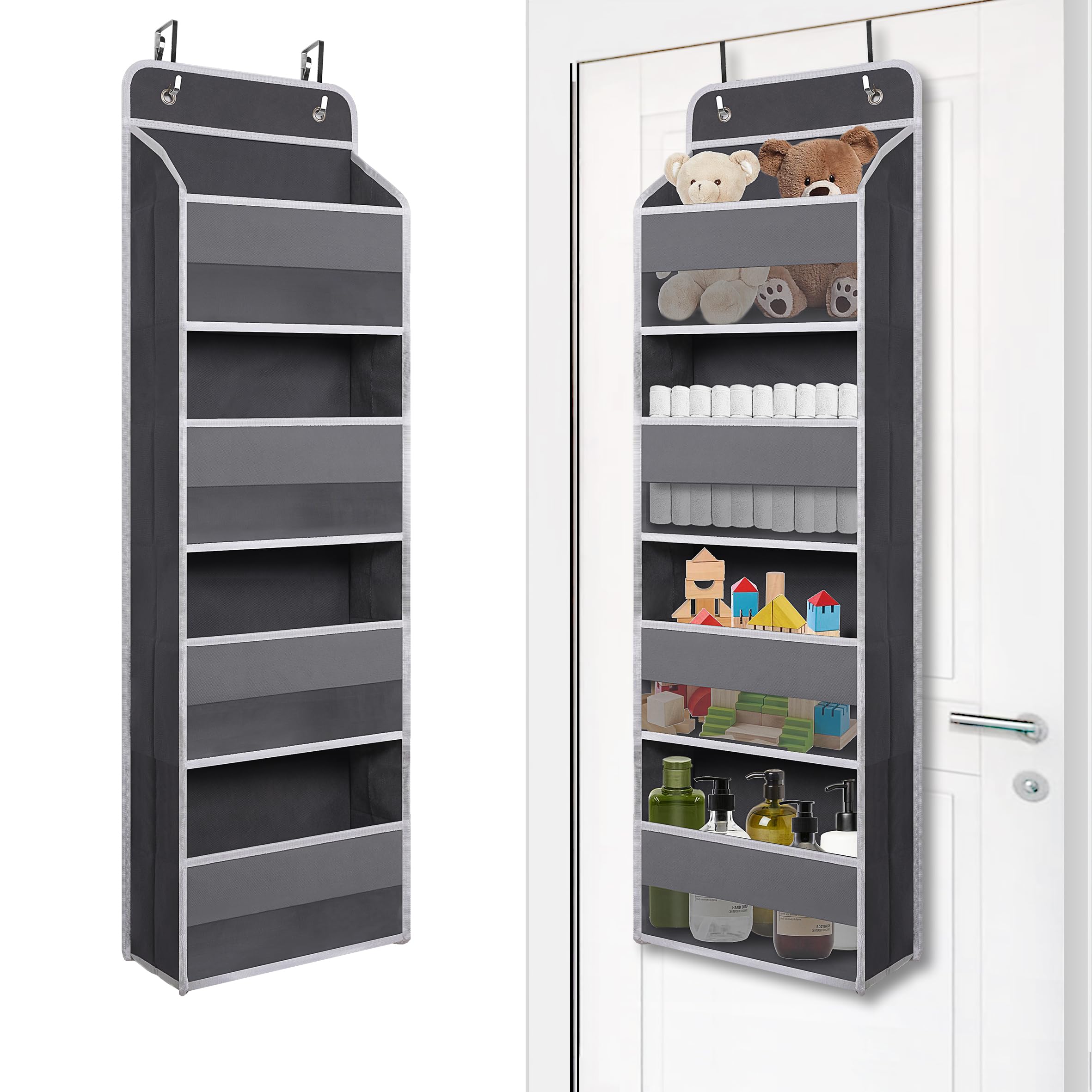 Giraffe Creation Gray Over Door Organizer with 4 Front Pockets, Compact Hanging Door Storage for Closet, Bathroom, Bedroom, Dorm, Nursery Essentials
