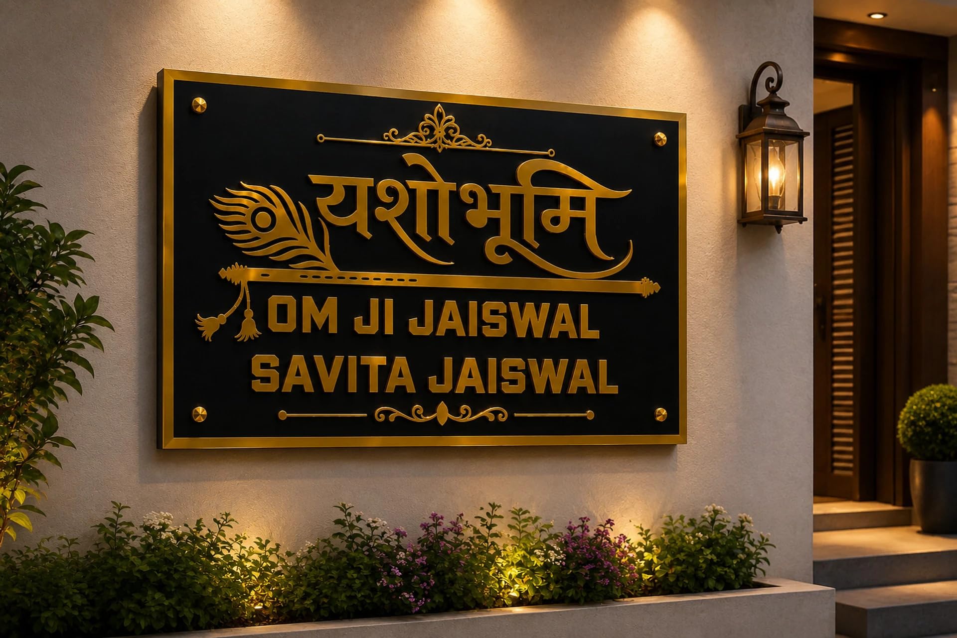 Personalized Traditional Indian Name Plate for Home | Black Glossy Acrylic Name Board with Golden 3D Calligraphy Letters & Peacock Design | Custom Main Door Sign-image-27