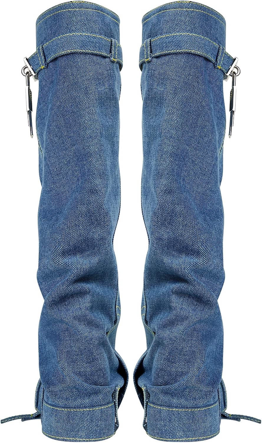 Arqa Women's Fold Over Knee High Boots Platform Heel Padlock Boot with Zipper Denim Jeans Biker Shoes