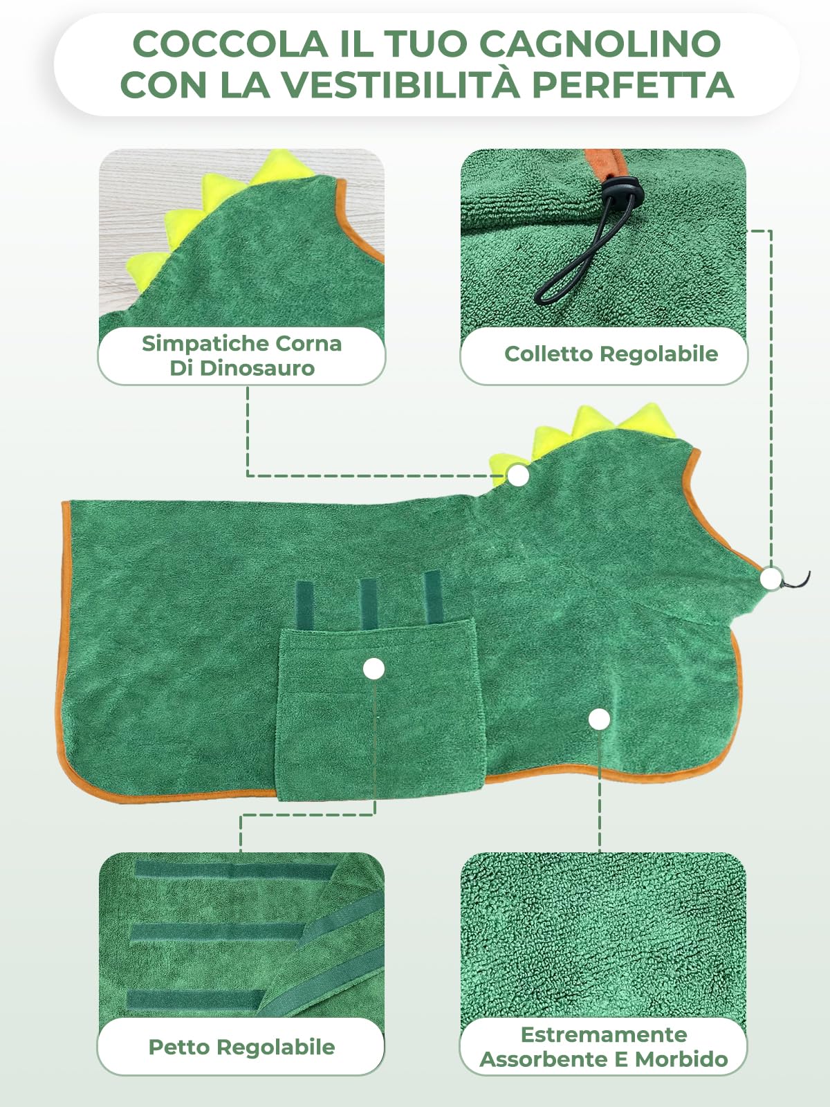 Bibykivn Accappatoio per Cani, Accappatoio per Cani Microfibra, Abbigliamento Asciugamano Morbida per Animali Dinosauro, Per Asciuga il Tuo Cane Dopo Aver Nuotato e Fatto il Bagno (Verde, XL)