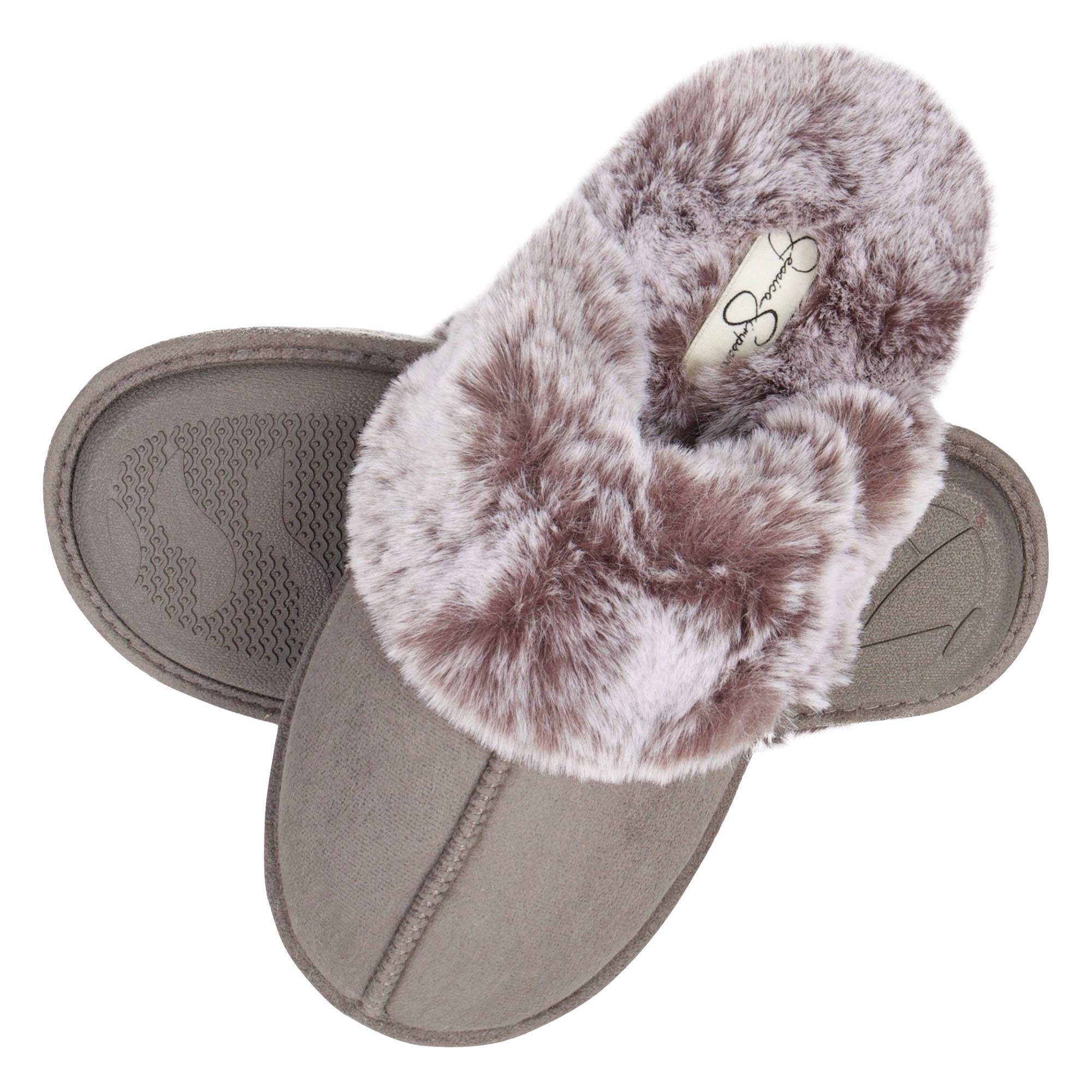 Jessica Simpson Women's Comfy Faux Fur House Slipper Scuff Memory Foam Slip on Anti-Skid Sole