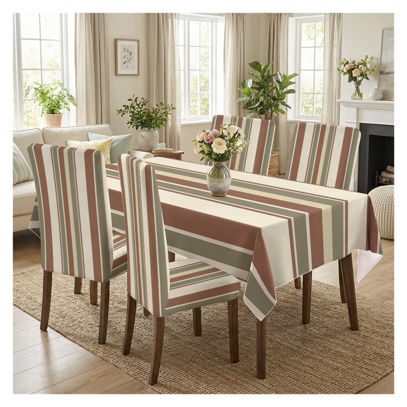 BOSUYBN Warm Earth Tone Vertical Stripe Dining Chair Covers & Tablecloth Set, 5/7 Piece Neutral Retro Slipcovers For Modern Farmhouse Home Decor Table Setting(5pcs Set: Tablecloth+Chair Covers)