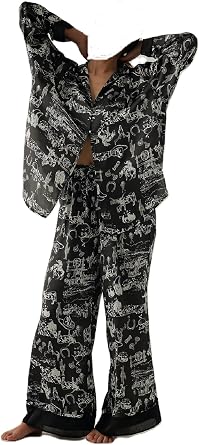 Women Soft Satin Pajamas Set Y2K Floral Long Sleeve Button Down Shirt Wide Leg Pants 2 Piece Silk Pjs Set Loungewear