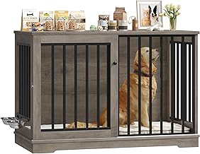 FirFurd 120 cm Large Kennel Dog Cage with Sliding Door, with 2 Bowls that Rotate 360°, Metal and Wood Kennel Dog, 120 x 60 x 90 cm (Antique Colour)
