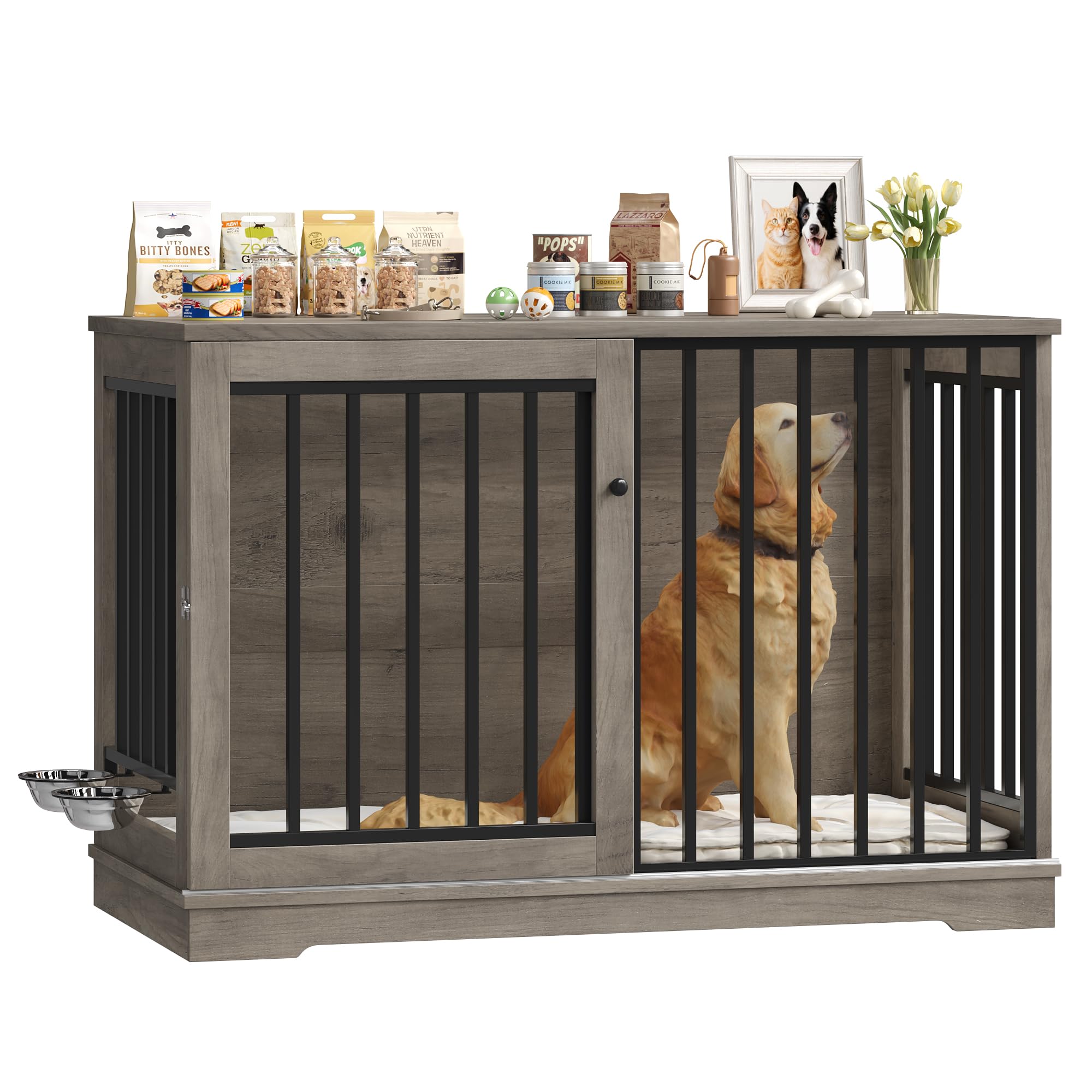 FirFurd 120cm Jaula para Perros,Mesa Auxiliar con Puerta corredera, Jaula Perro Grande para Casa de Madera,para Animales Acero para Perros Medianos y Grandes 120 x 90 x 60 cm (Marrón)