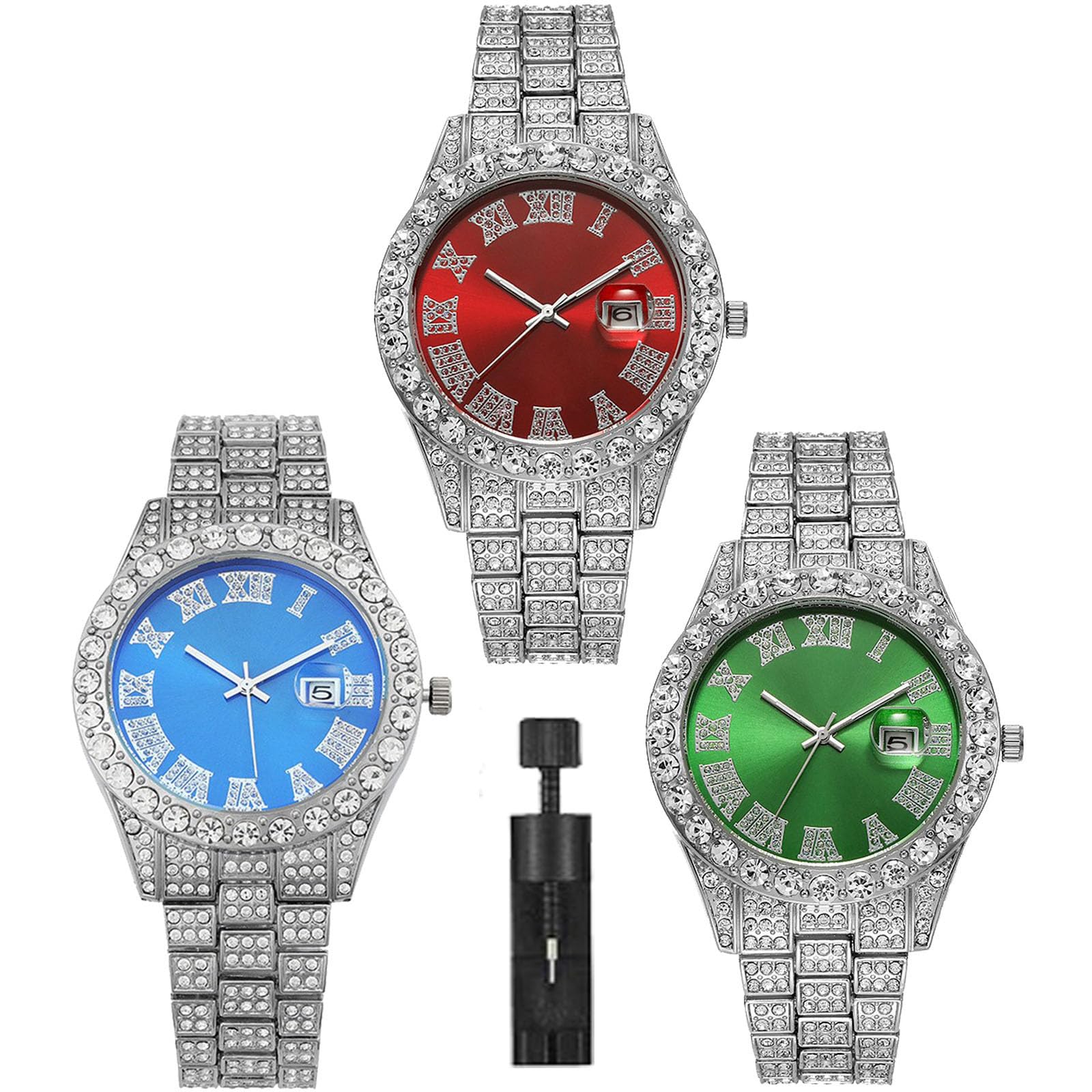 Paquete de 3 relojes con diamantes para hombre, calendario, acero inoxidable, hip hop, esfera grande, números romanos, esfera de cuarzo, juego a granel para hombre