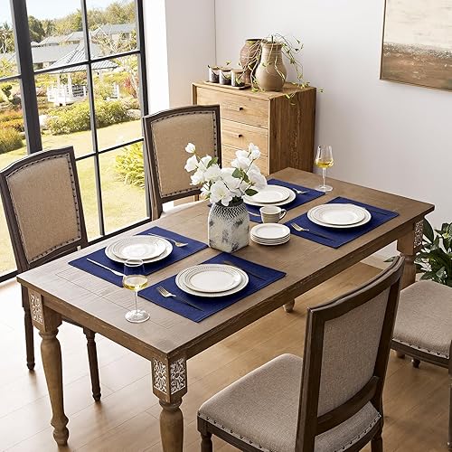 Miniatura 7 de Romanstile Juego de 4 manteles individuales de lino sintético, 12 x 18 pulgadas, manteles individuales de arpillera de lino grueso, antideslizantes,