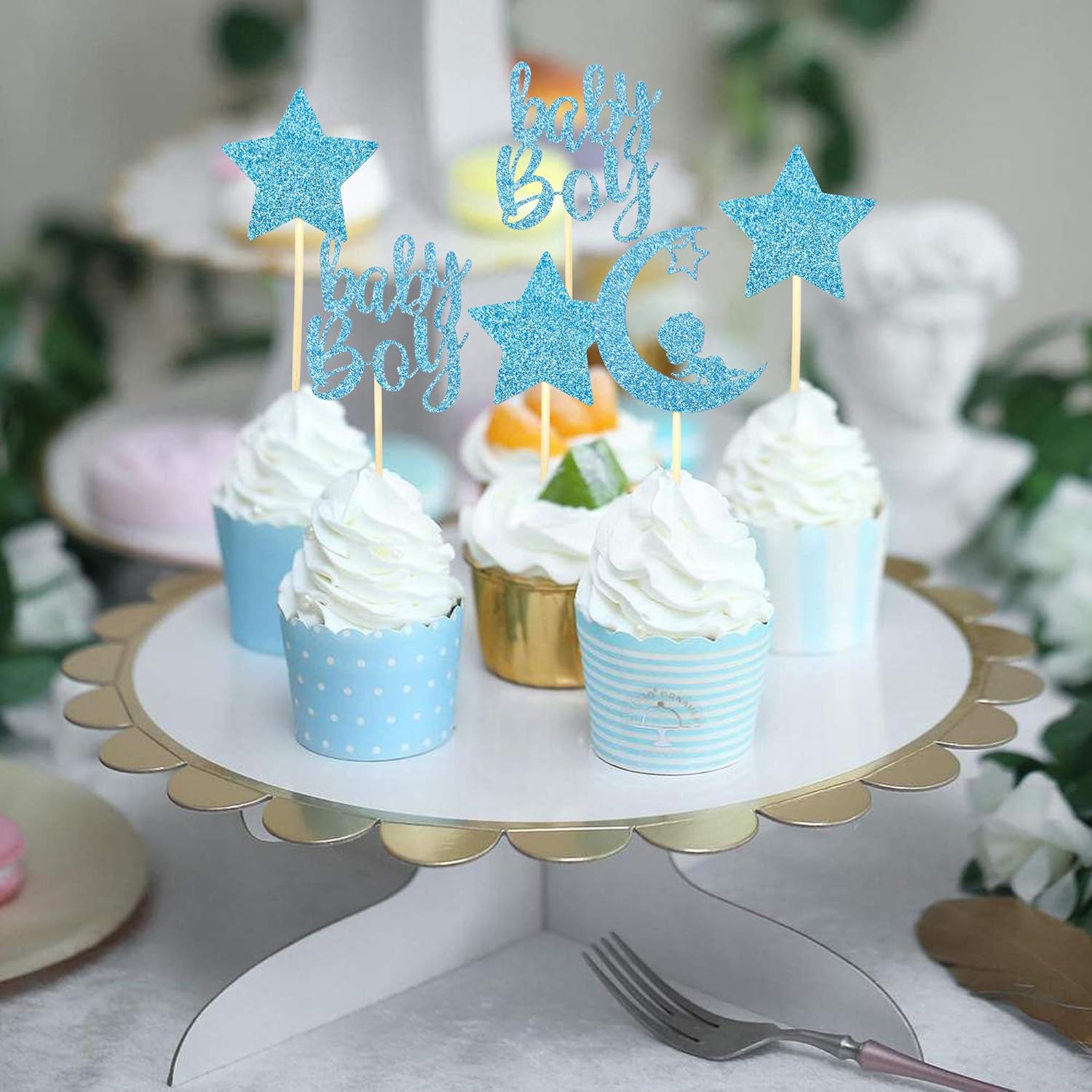 24 PCS Baby Shower Boy Cupcake Toppers with Moon Star Blue Glitter Cupcake Picks Boys Birthday Party Supplies - Image 7