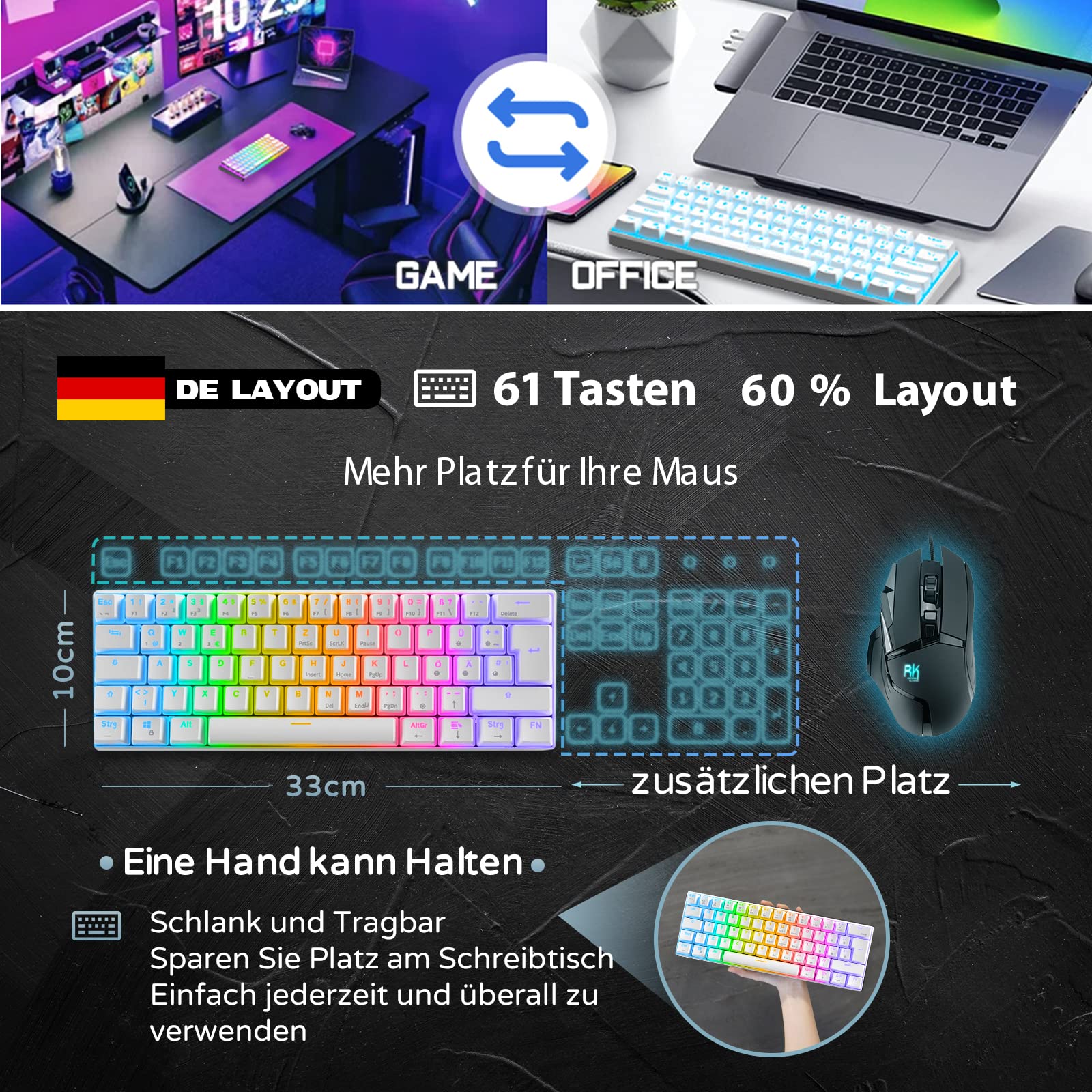 RK61 Mechanische Gaming-Tastatur, 2,4 GHz Kabellose/Bluetooth/Verkabelte 60% Mechanische Tastatur 61 Tasten, Hot-Swap-fähiger Roter Schalter mit RGB Kompatibel für Win/Mac, Weiß (QWERTZ)