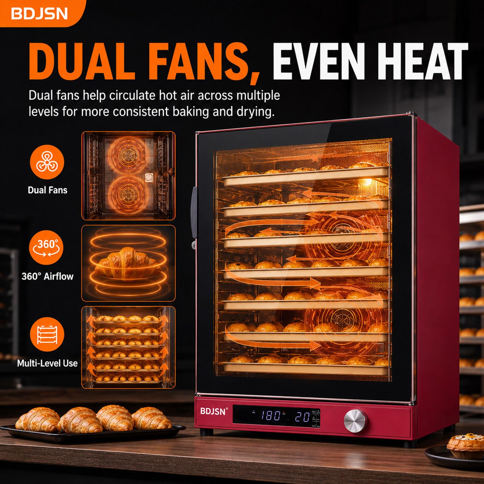 Four À Convection Professionnel 120 L, 15 Niveaux Pour Cuisson, Fermentation Et Séchage, Circulation D’air Chaud À Double Ventilateur, 25–260 °c, Minuterie 999 Min, 3200 W, Pour Pain, Gâteaux