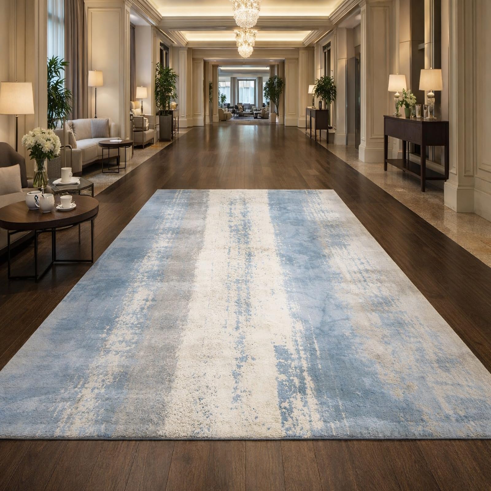 Tapis couloir et entrée lavable motifs abstraits bleu gris 70x110 cm