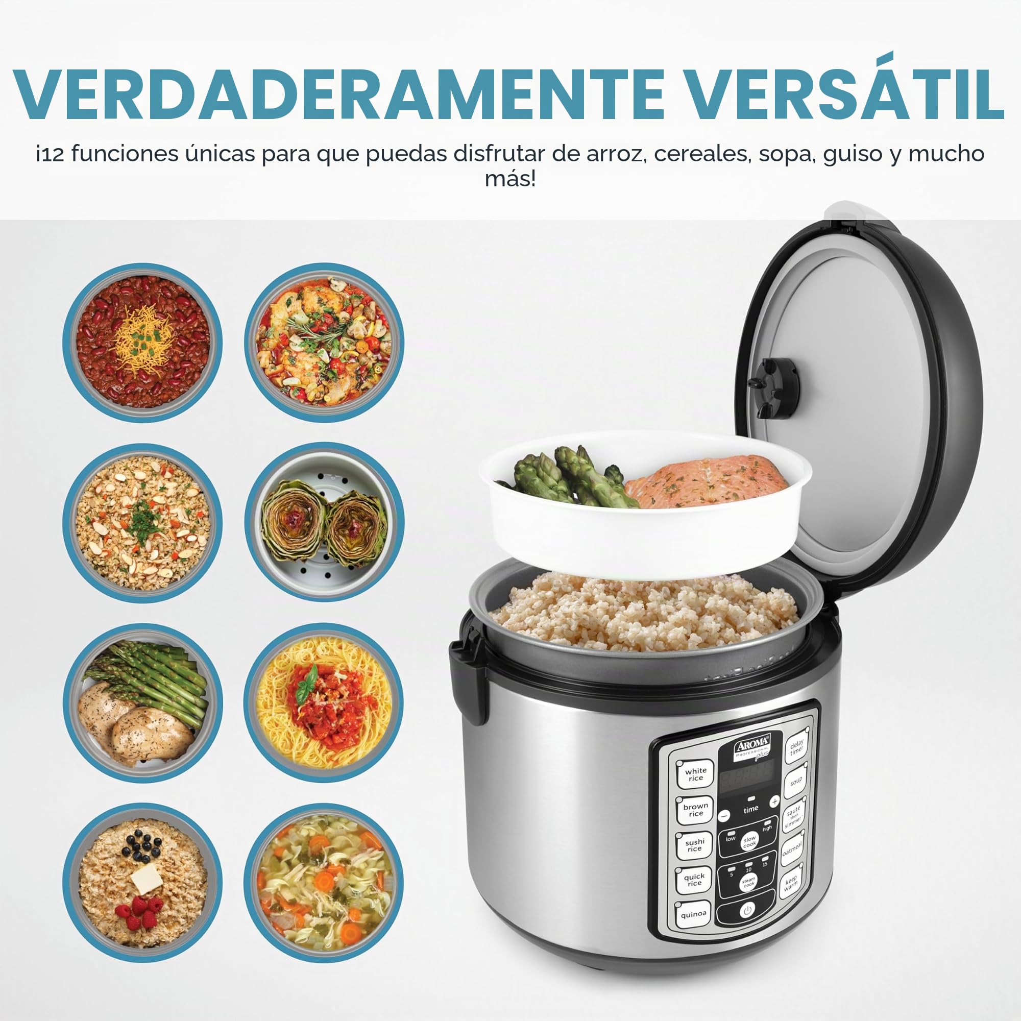 Aroma Housewares ARC-5000SB Digital Rice, Food Steamer, Slow, Grain Cooker, Stainless Exterior/Nonstick Pot, 10-cup uncooked/20-cup cooked/4QT, Silver, Black