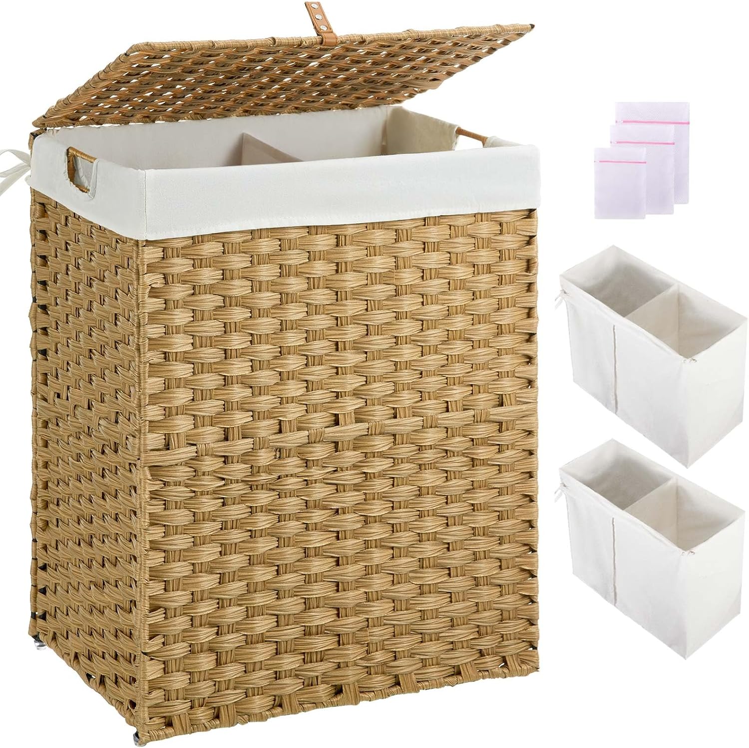 Greenstell Laundry Hamper No Install Needed, Divided Clothes Hamper with 2 Removable Liner Bags, 90L Handwoven Synthetic Rattan Laundry Basket with Lid and Handles, Foldable Natural 90L (18.3x13.3x24.0 Inches) Natural