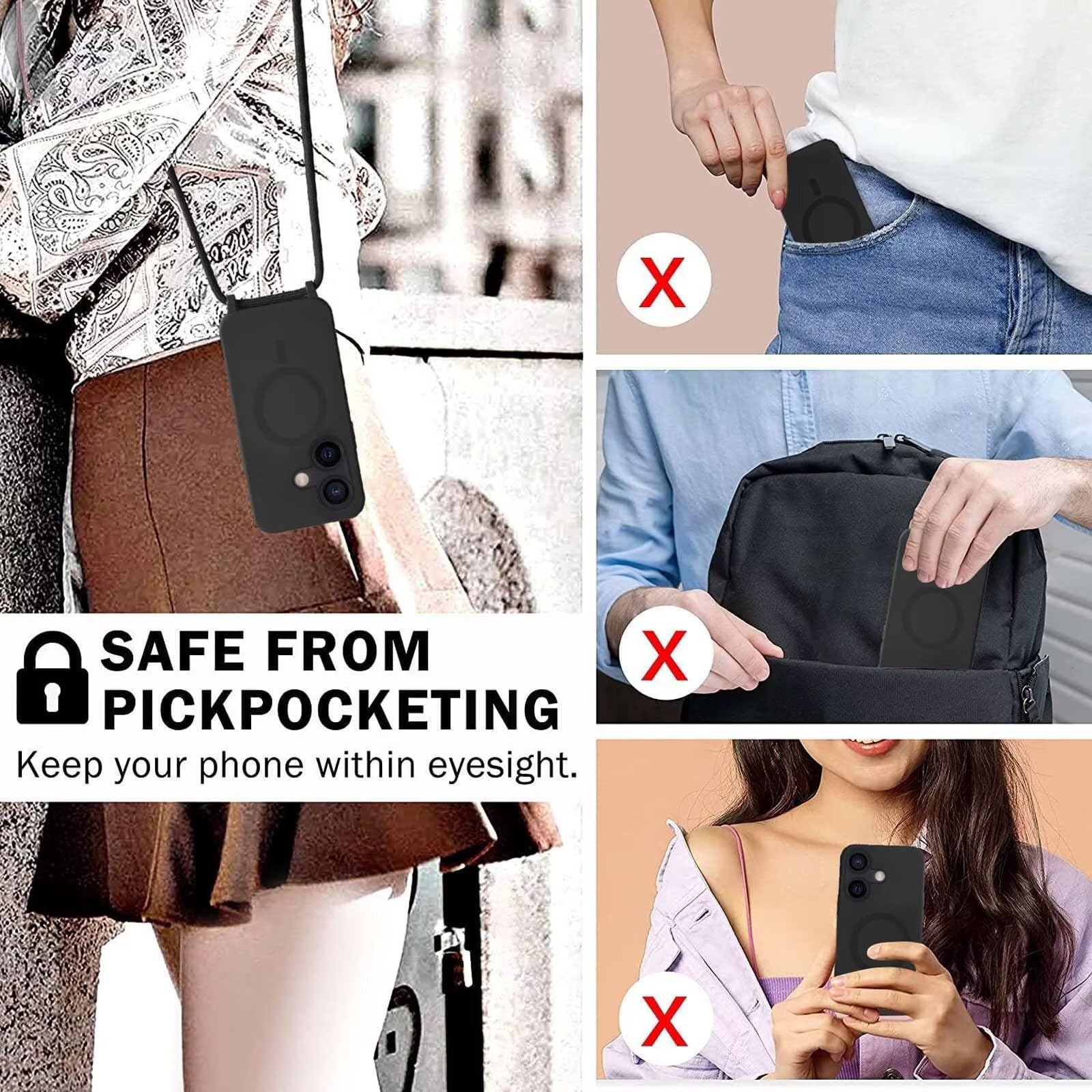 Custodia IPhone 15 Pro Max Con Laccio - Magnetica MagSafe, Silicone Sottile, Design Cuore, Nero - Foto 7