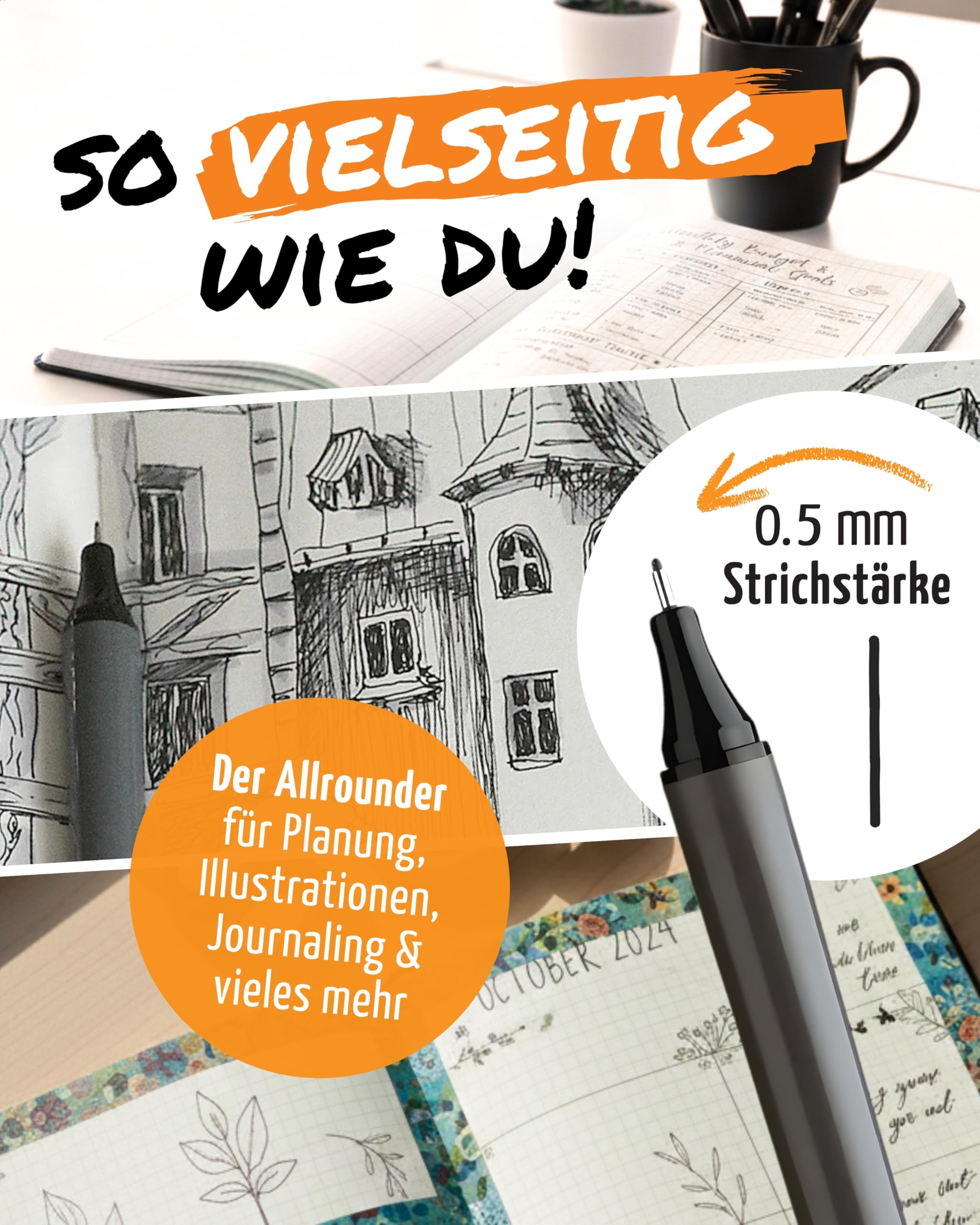 Neuland Washi Tape Set I FineOne Sketch Fineliner 0,5 mm in Schwarz - verwischfest & Utensilienbox Novario® I Washi Tape Set Inkl. Profi Cuttermesser mit Ersatzklingen & Postkarten DIN A6