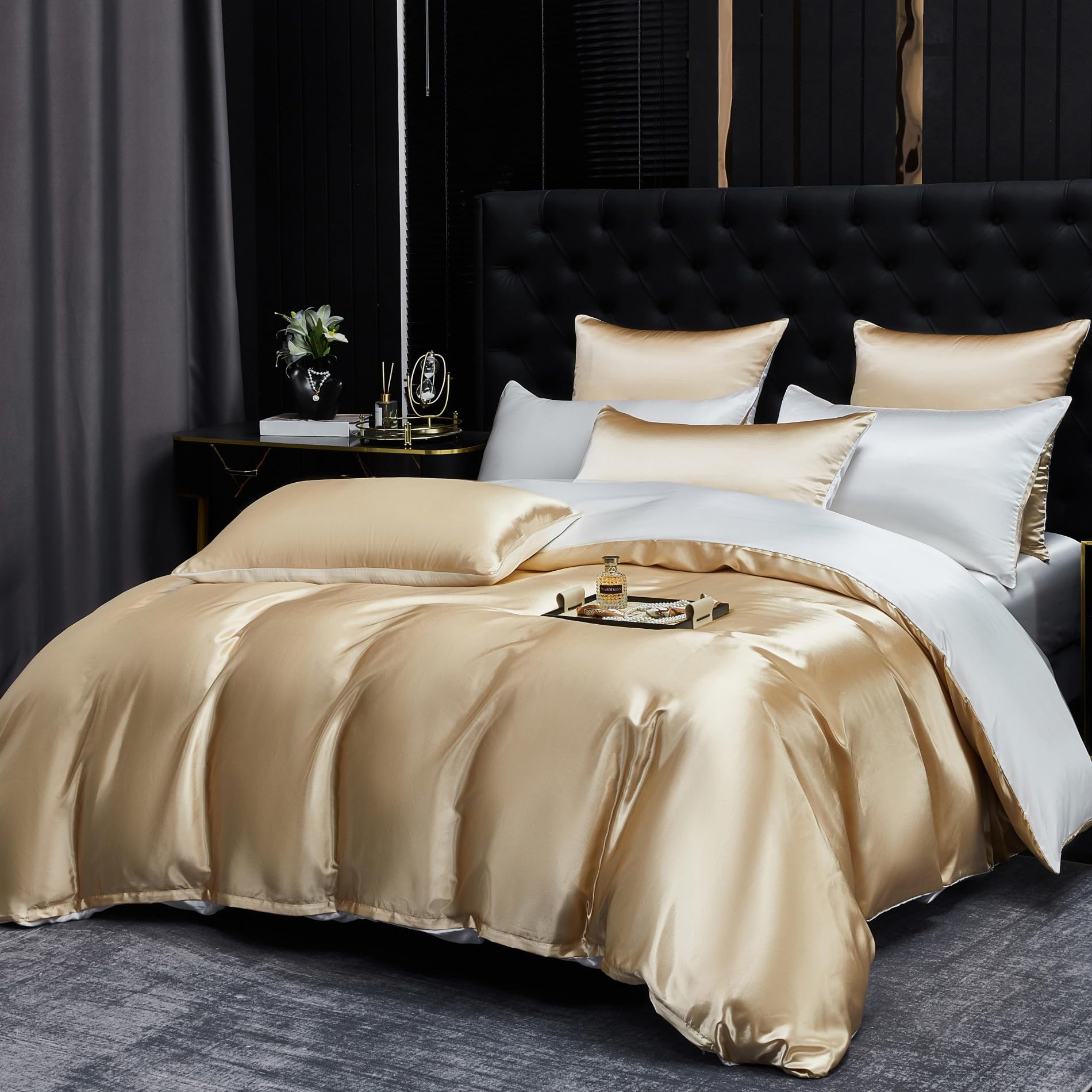 Ropa de cama de satén de 220 x 240 cm, reversible, color beige, dorado y blanco, funda nórdica de seda lisa y brillante, suave, sedosa, ropa de cama de 3 piezas con cremallera y 2 fundas de